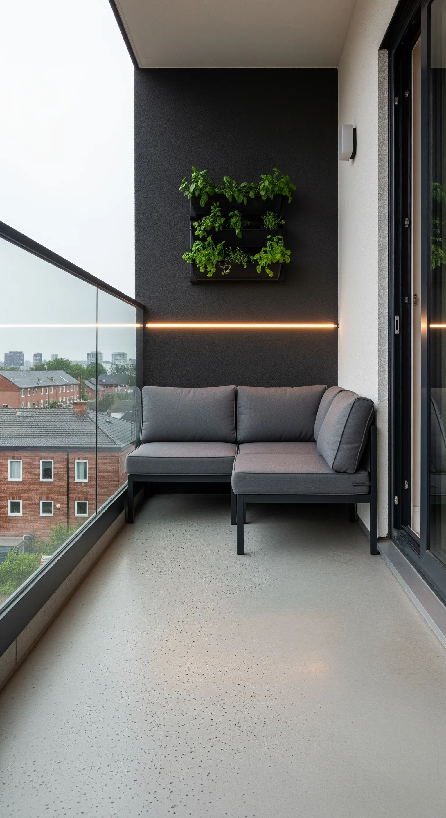 Balcone stretto con divanetto grigio, giardino verticale e una striscia di luce LED orizzontale