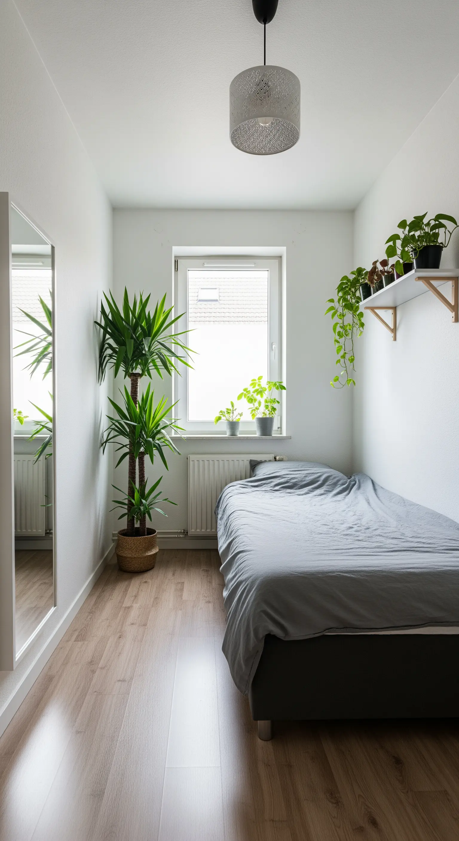 Camera da letto stretta e piccola con una pianta alta in un angolo e altre su una mensola.
