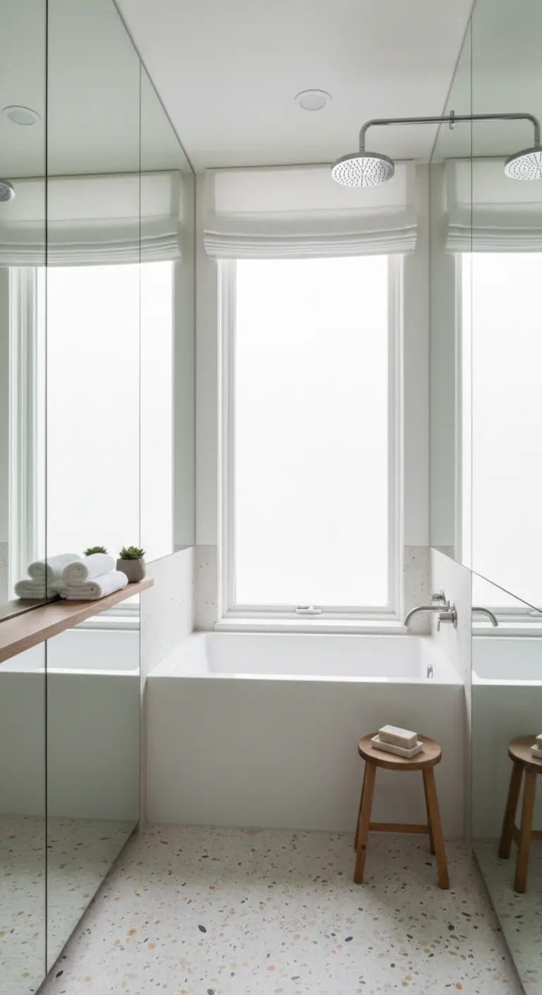 Bagno moderno con pareti a specchio, pavimento in terrazzo e una tenda a pacchetto bianca.