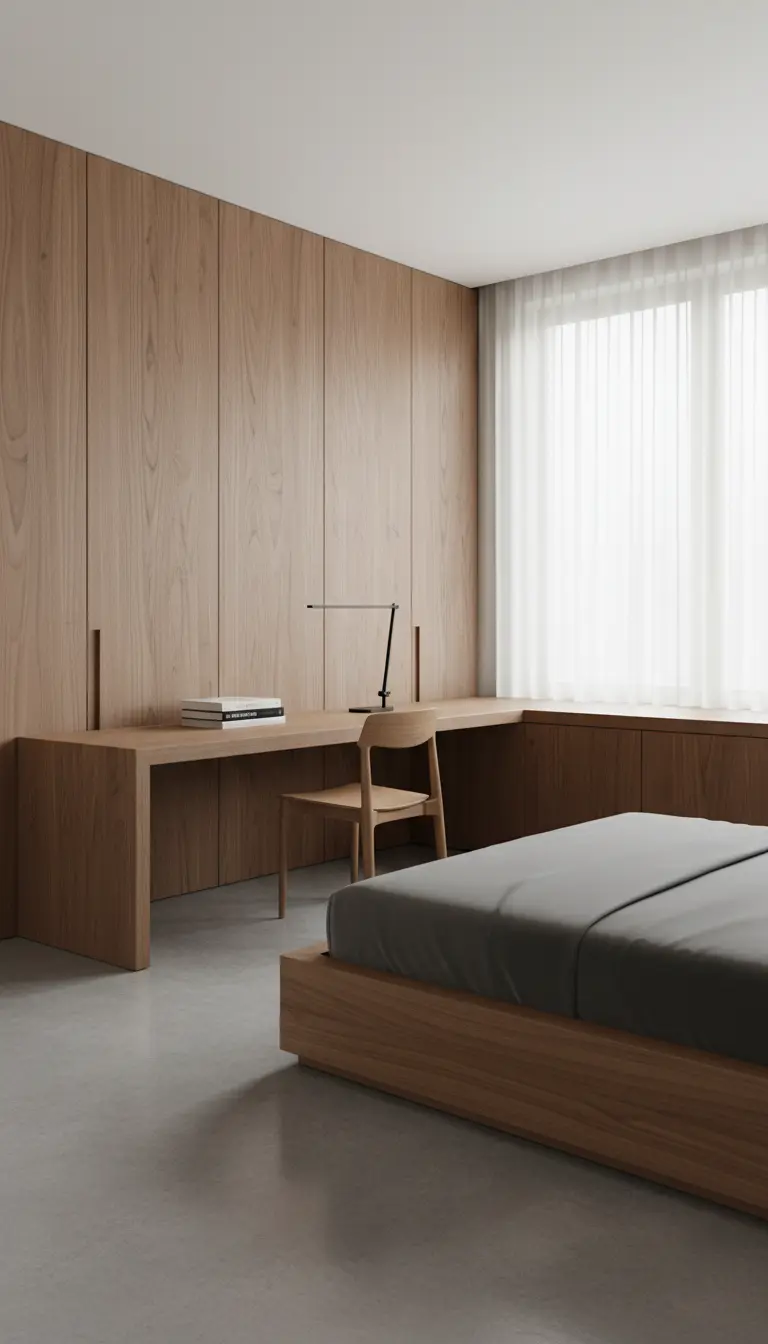 Letto basso accostato a una parete attrezzata in legno con scrivania e armadi a filo muro.