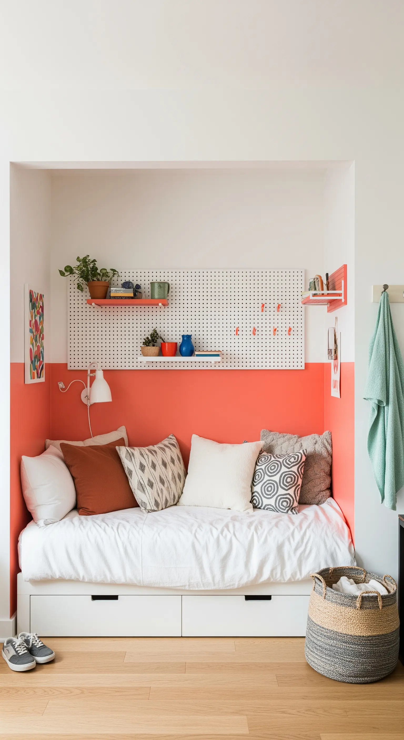 Nicchia con letto singolo e parete bicolore corallo e bianca, con un pannello forato organizzato.