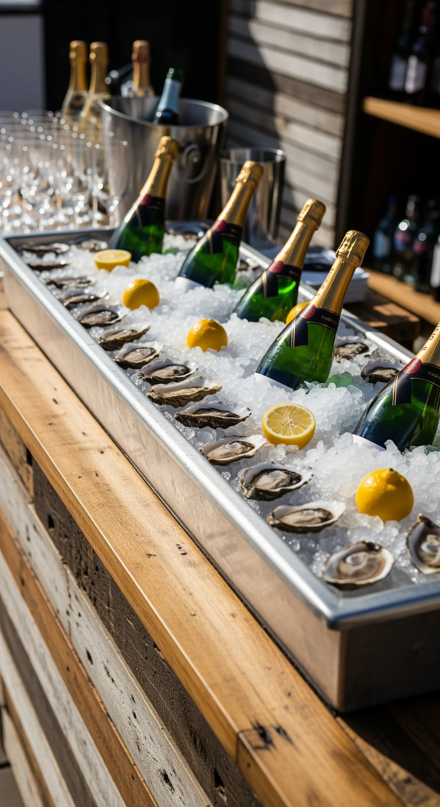 Bar con ostriche e bottiglie di champagne immerse nel ghiaccio su un bancone in legno