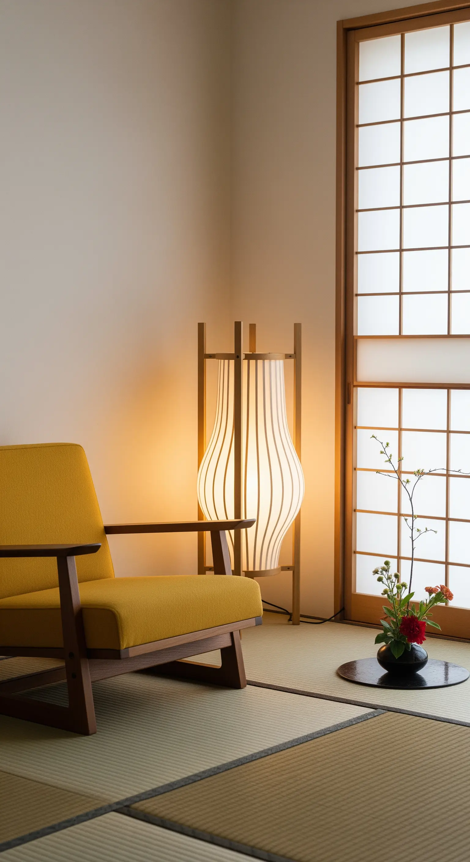 Poltrona bassa senape in una stanza in stile giapponese, con lampada di carta e pannelli shoji.