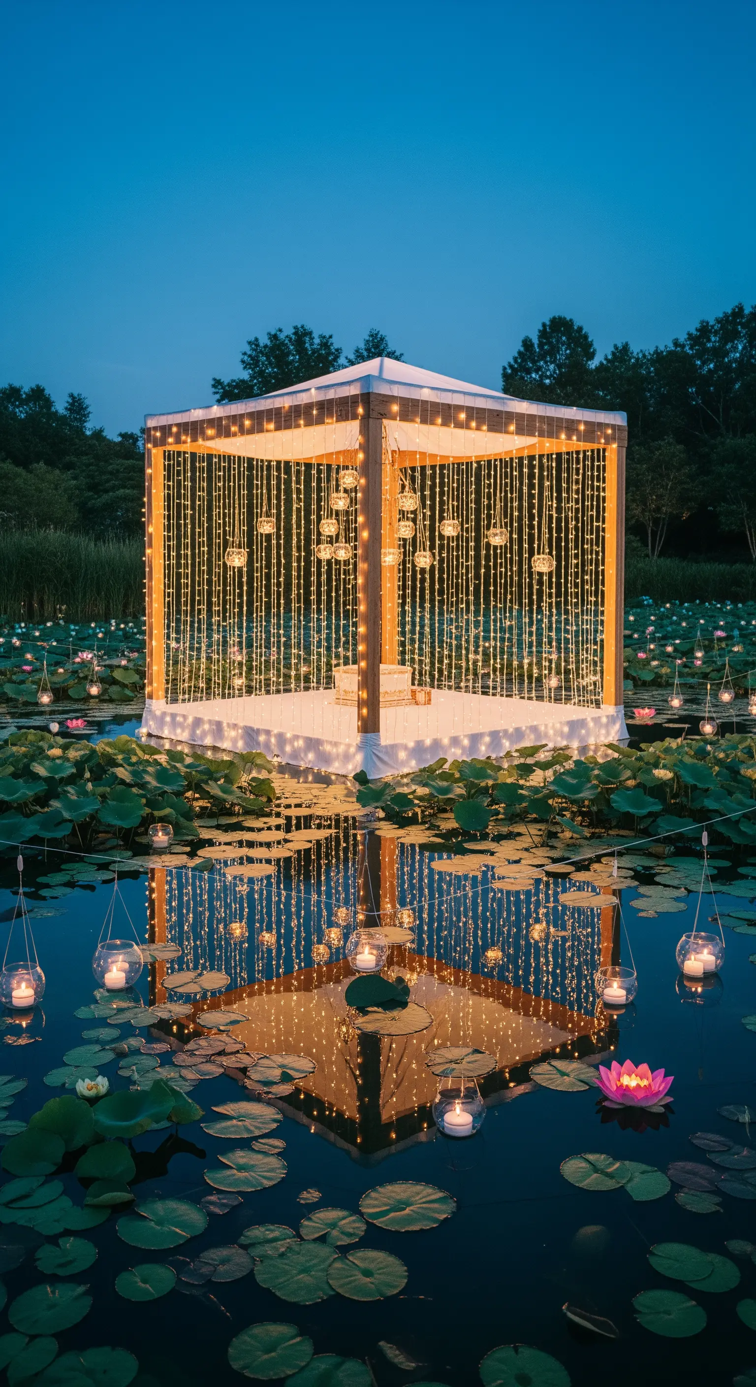 Gazebo illuminato da lucine e candele sospese su un lago, con riflessi sull'acqua e ninfee.
