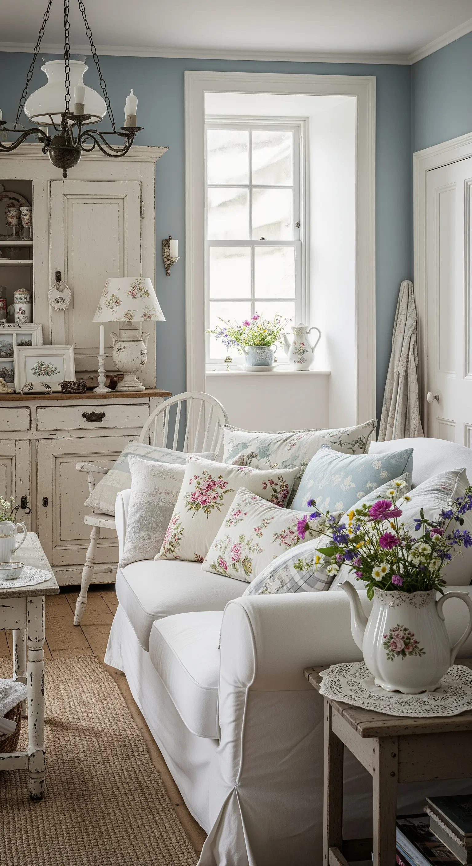 Divano bianco in stile country con una moltitudine di cuscini a stampa floreale.