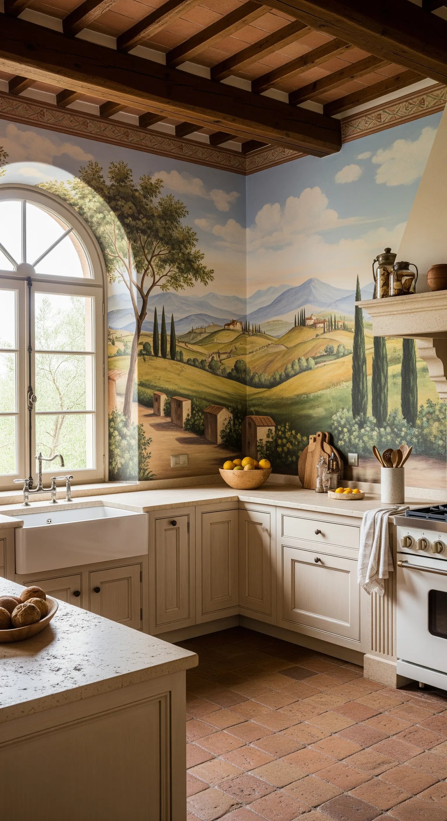 Cucina in stile toscano con murale paesaggistico e pavimento in cotto.