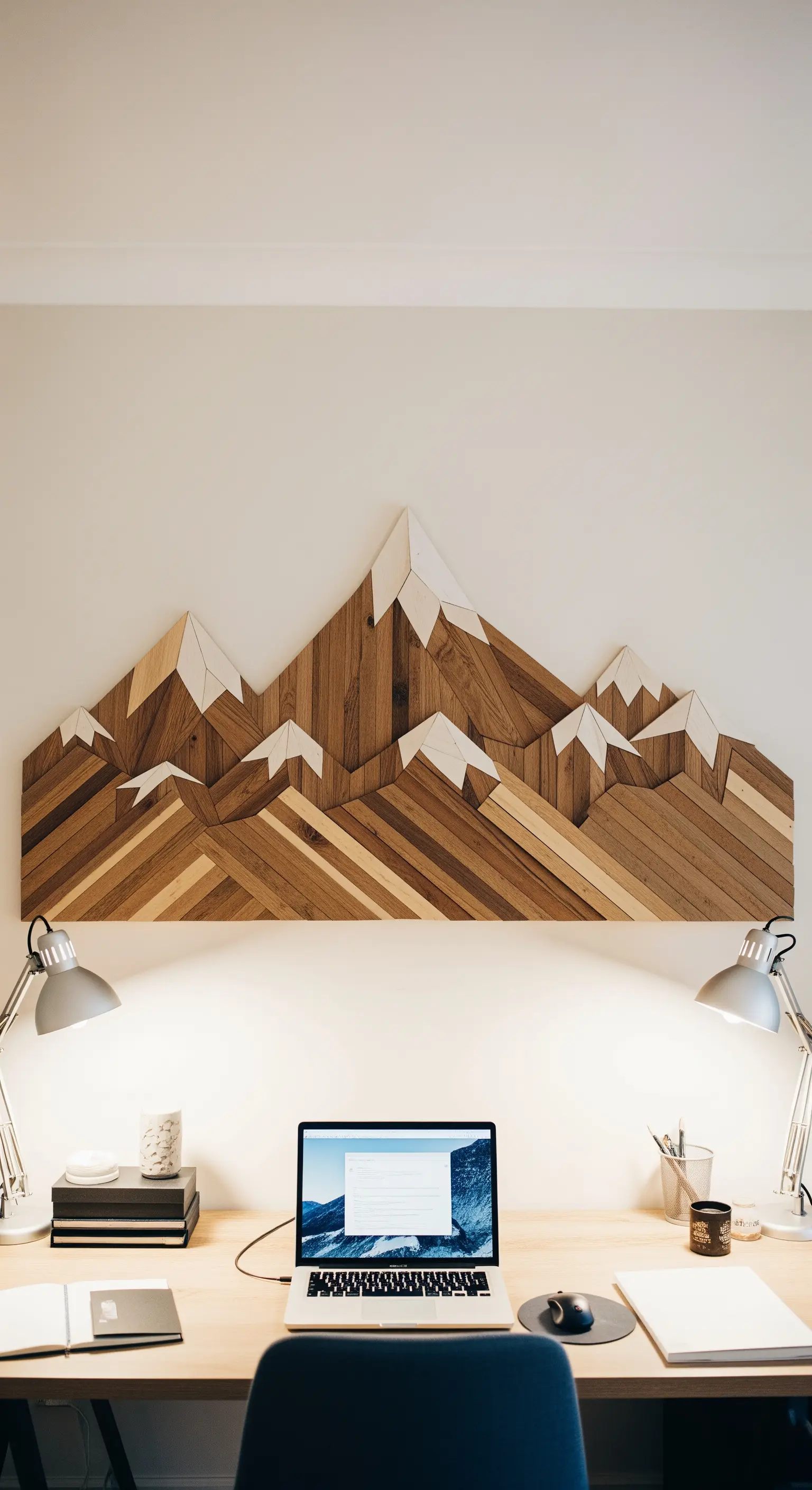 Decorazione da parete in legno a forma di montagne geometriche, posizionata sopra una scrivania.