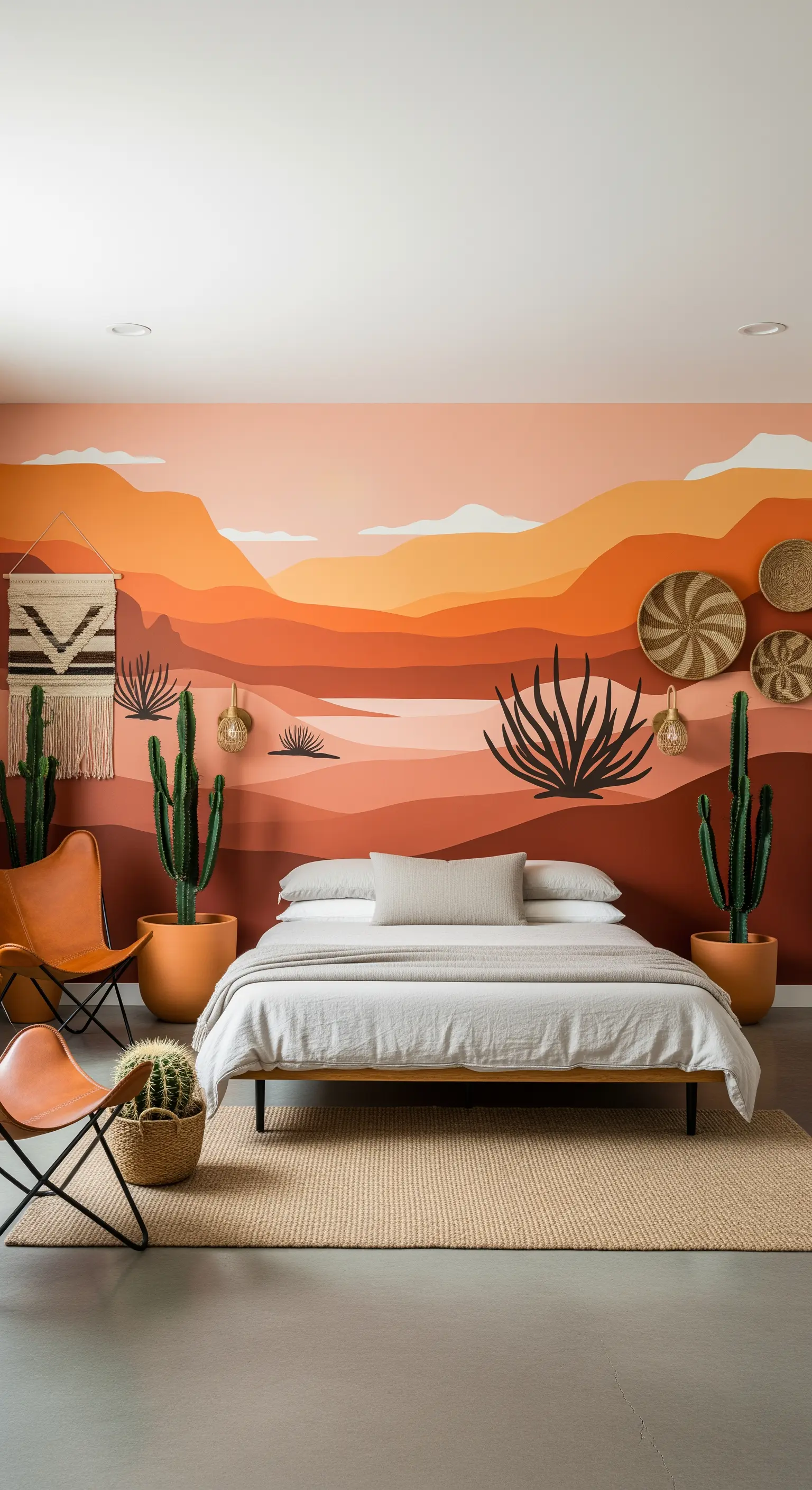 Camera da letto con murale di un paesaggio desertico nei toni del terracotta e arancio.