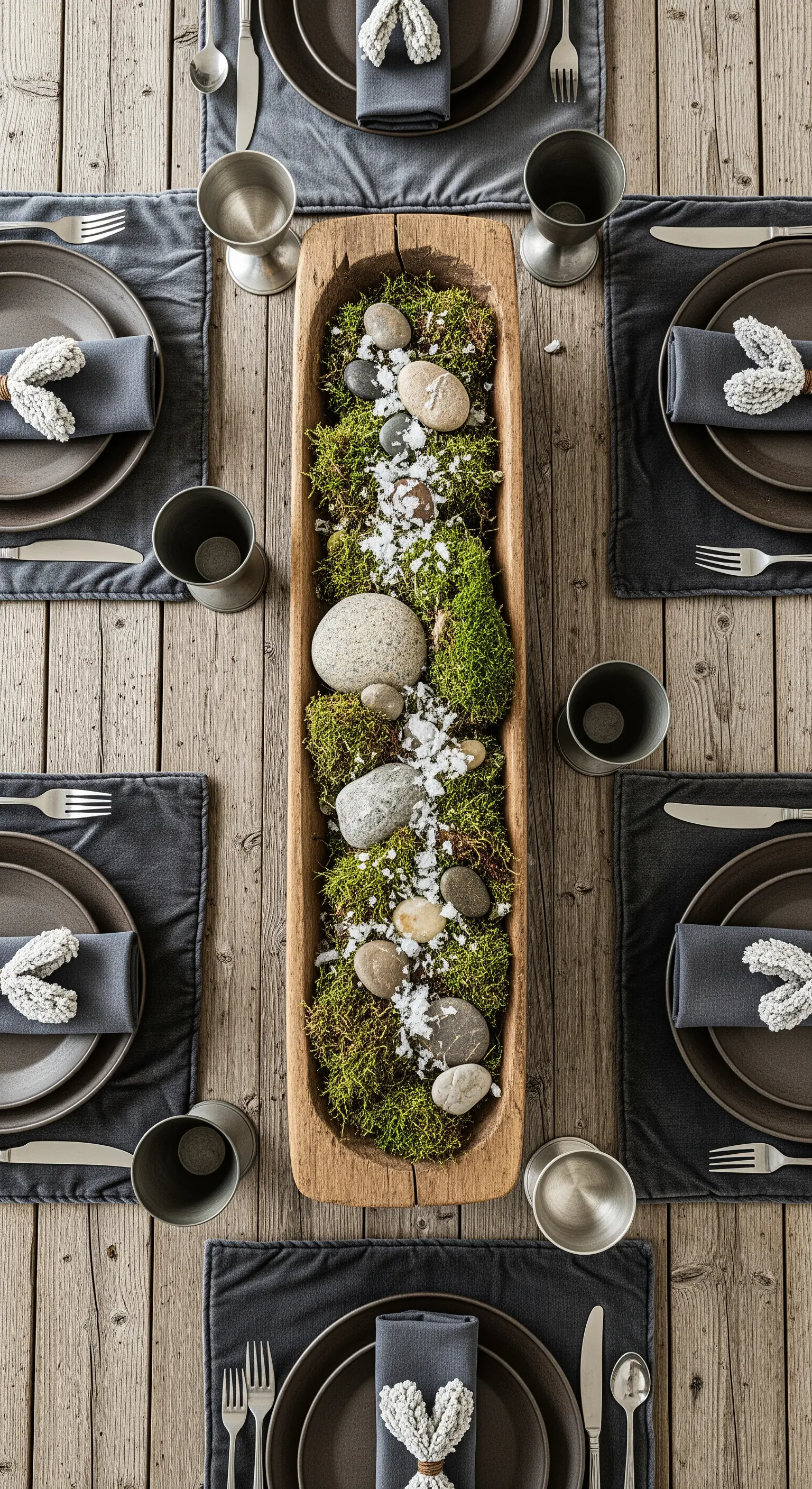 Centrotavola rustico con muschio, sassi e neve finta in un contenitore di legno.