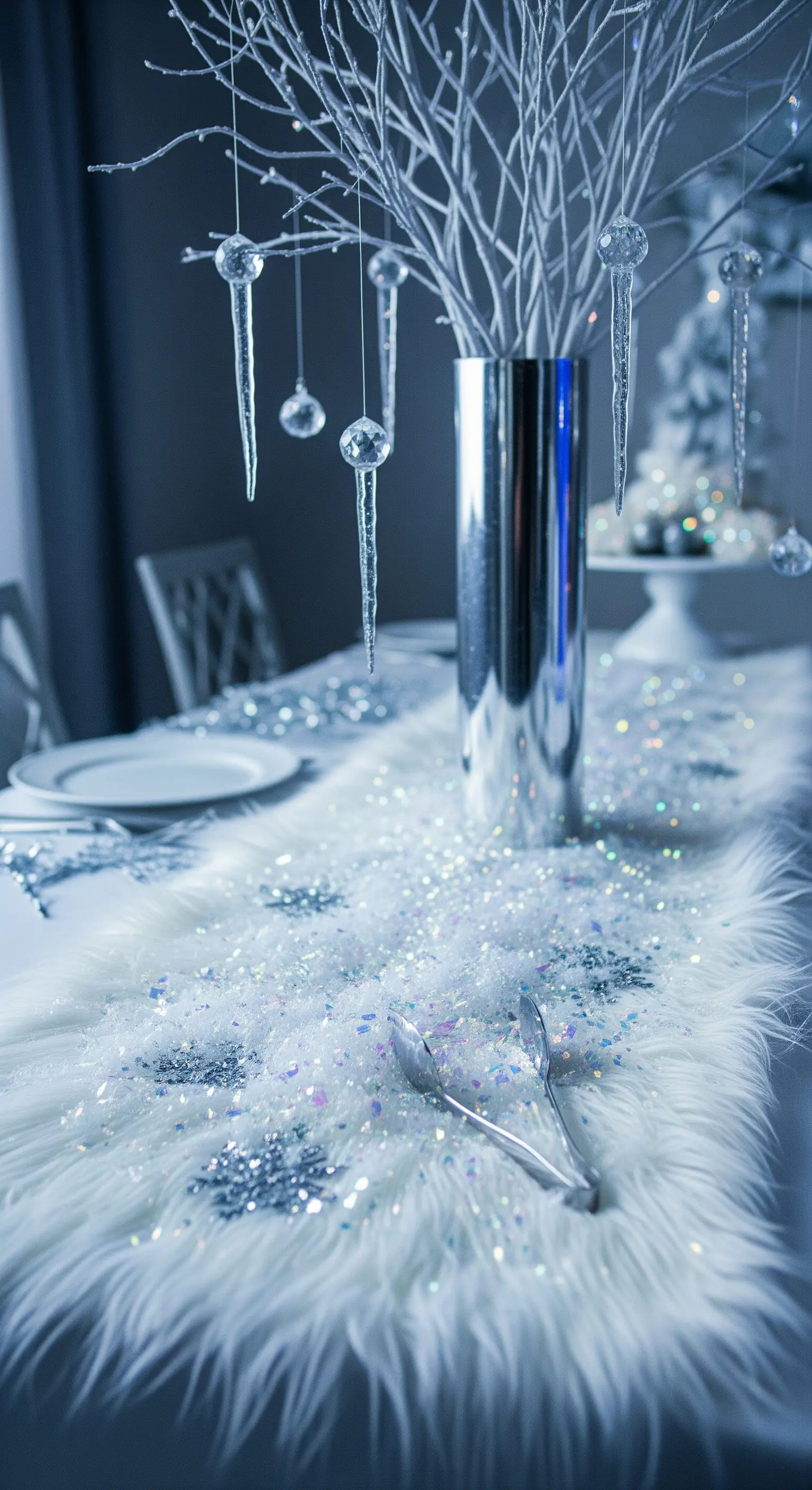 Runner di pelliccia sintetica bianca decorato con glitter e cristalli, a tema invernale.