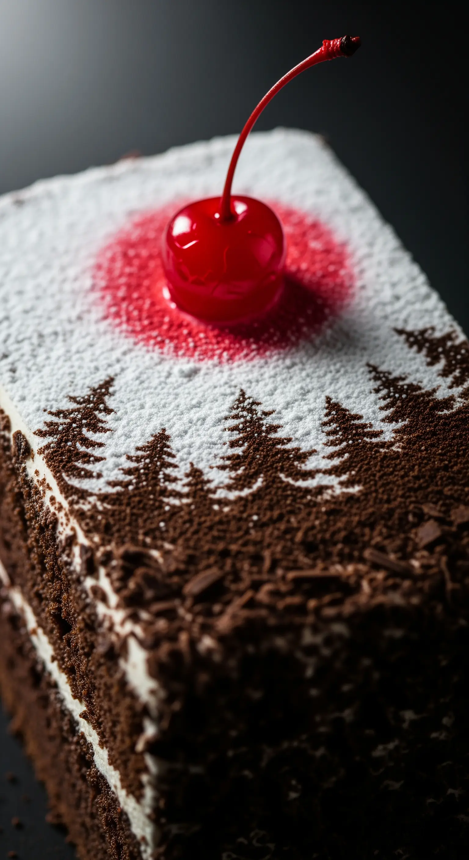 Torta Foresta Nera con una silhouette di pini in cacao e una ciliegia candita.