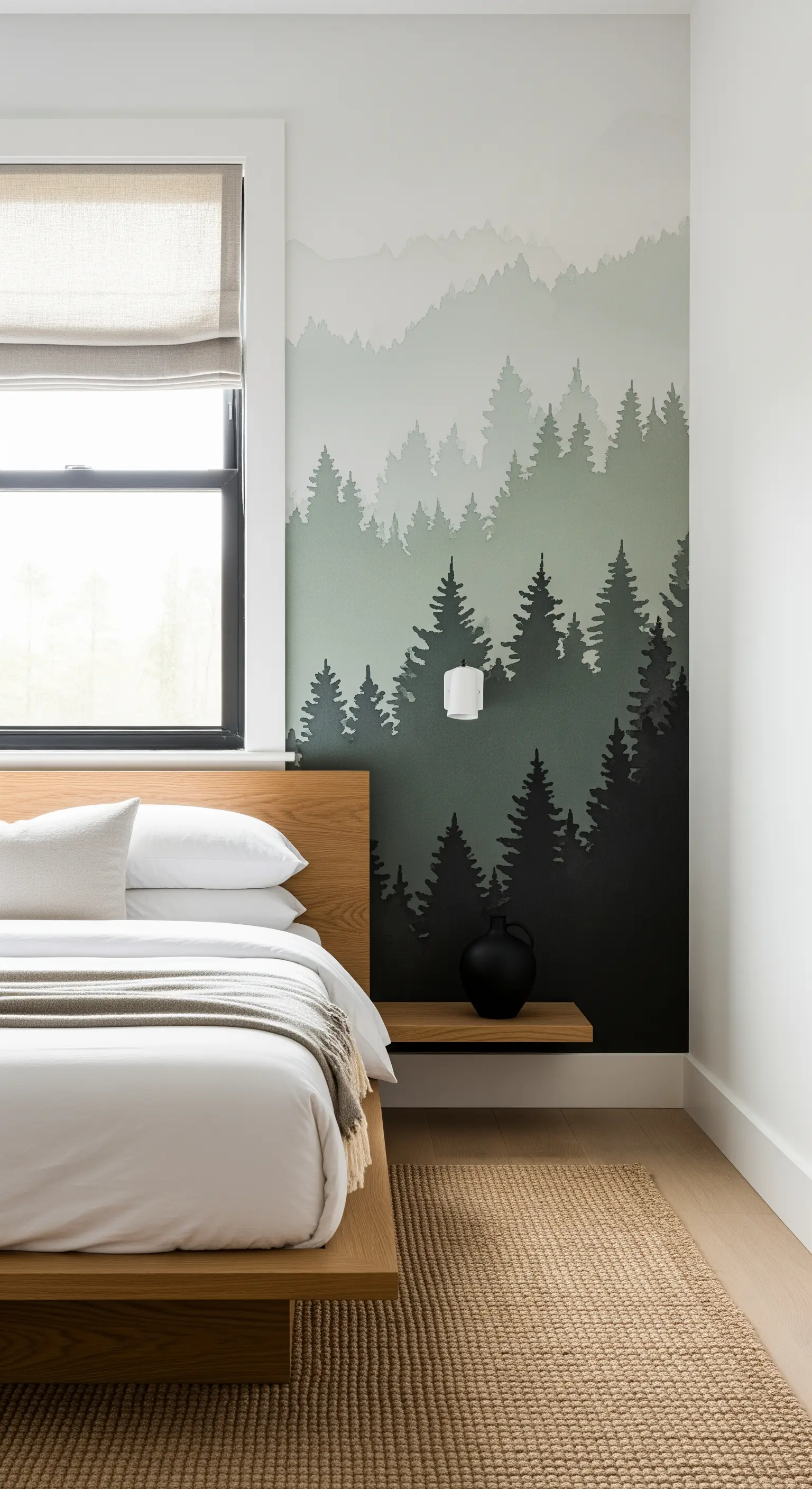 Camera da letto minimalista con murale di una foresta nebbiosa dietro al letto in legno.