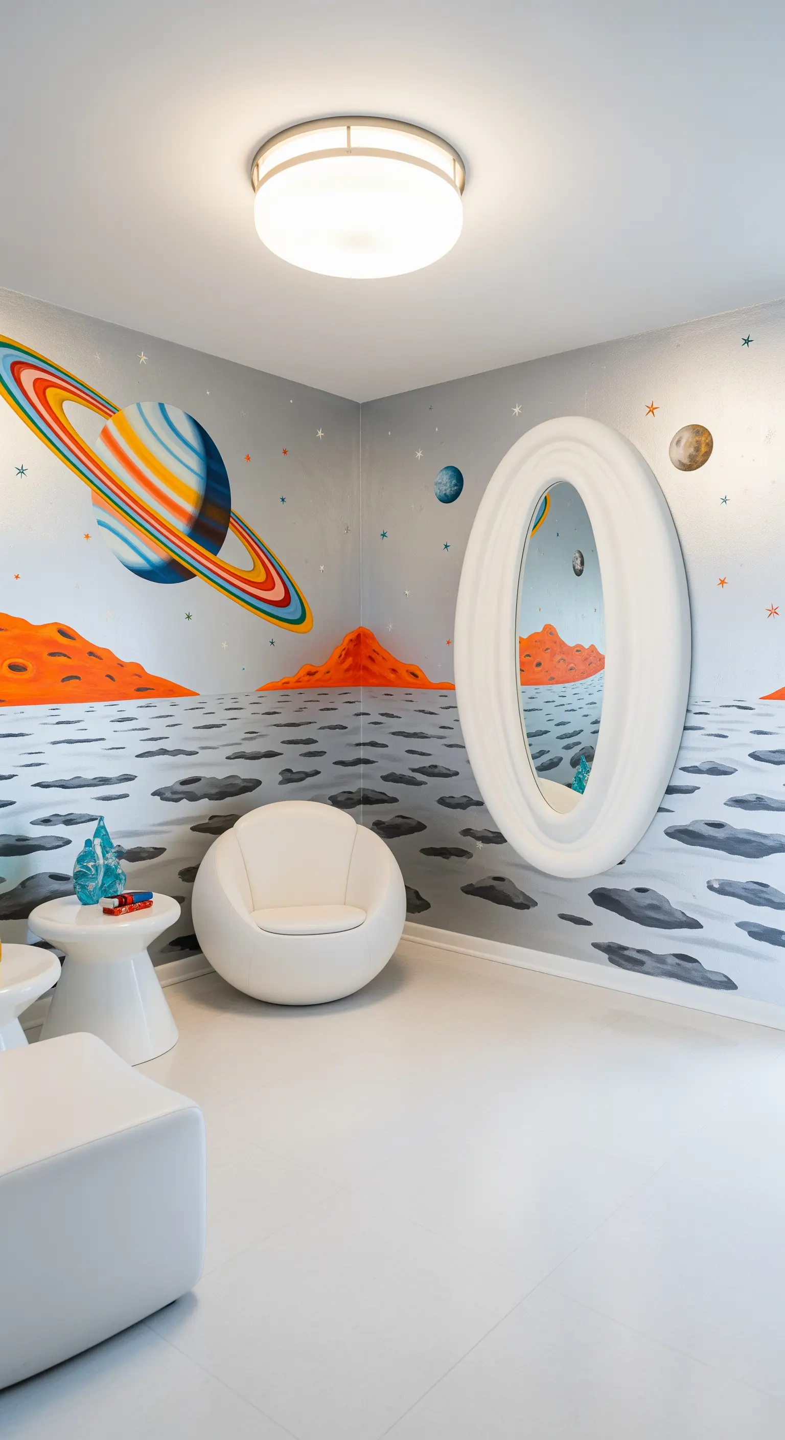 Stanza a tema spaziale con murale di un pianeta alieno e specchio a forma di oblò illuminato.