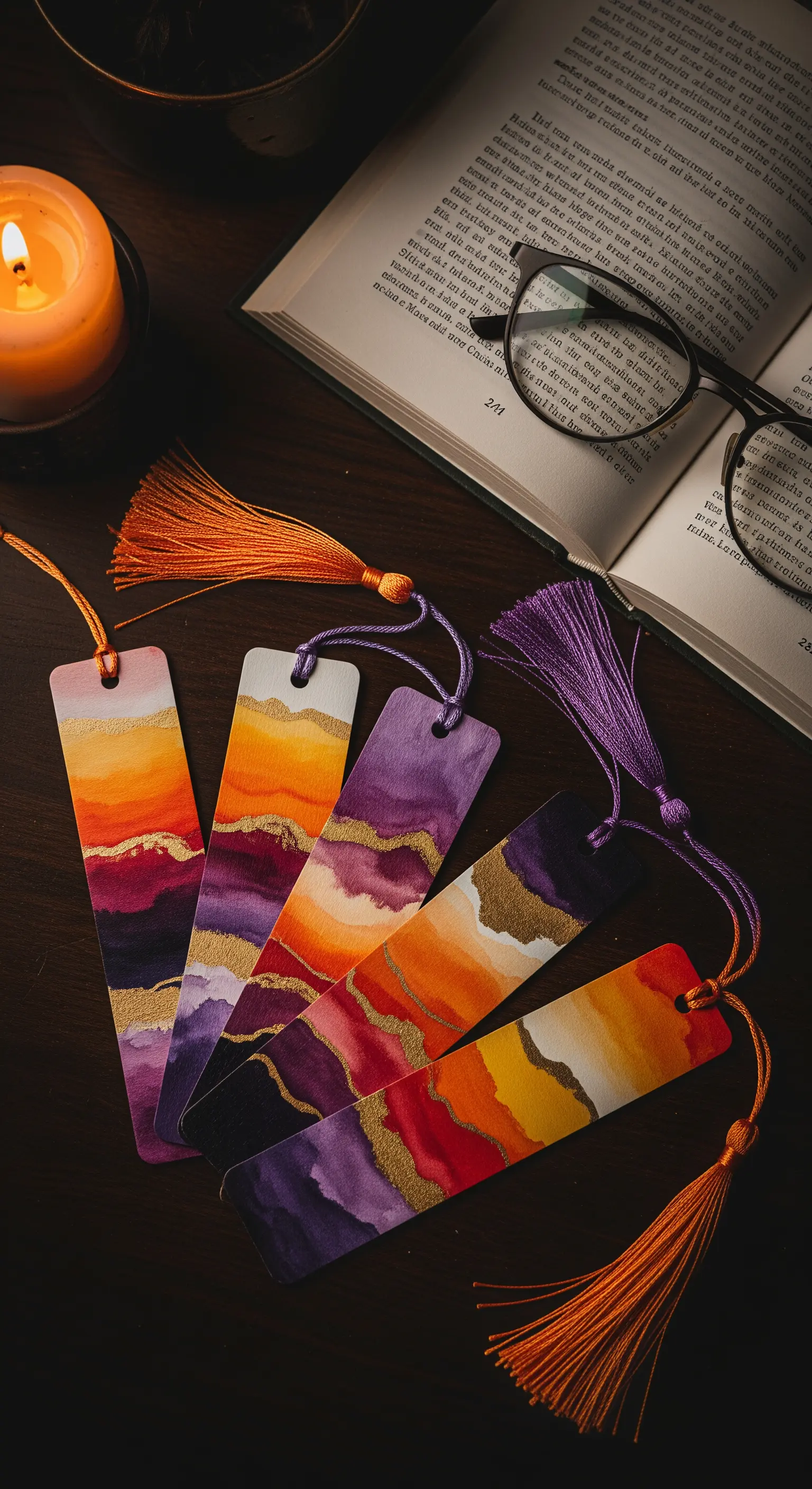 Segnalibri colorati con effetto acquerello e nappine decorative