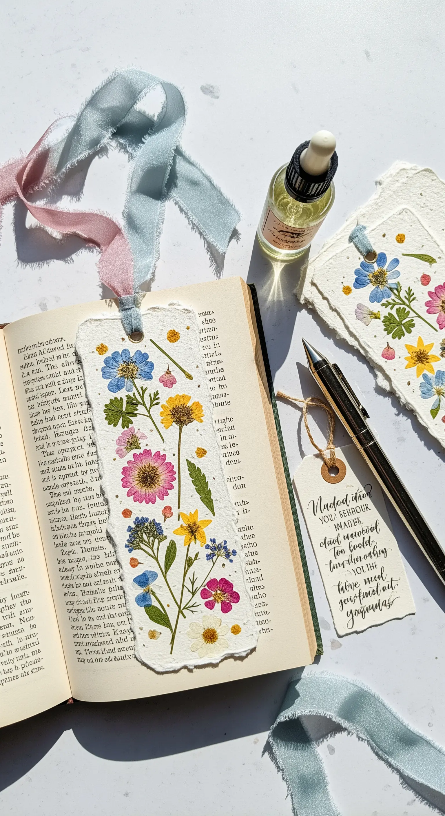 Segnalibro artigianale decorato con fiori di campo pressati, appoggiato su un libro aperto.