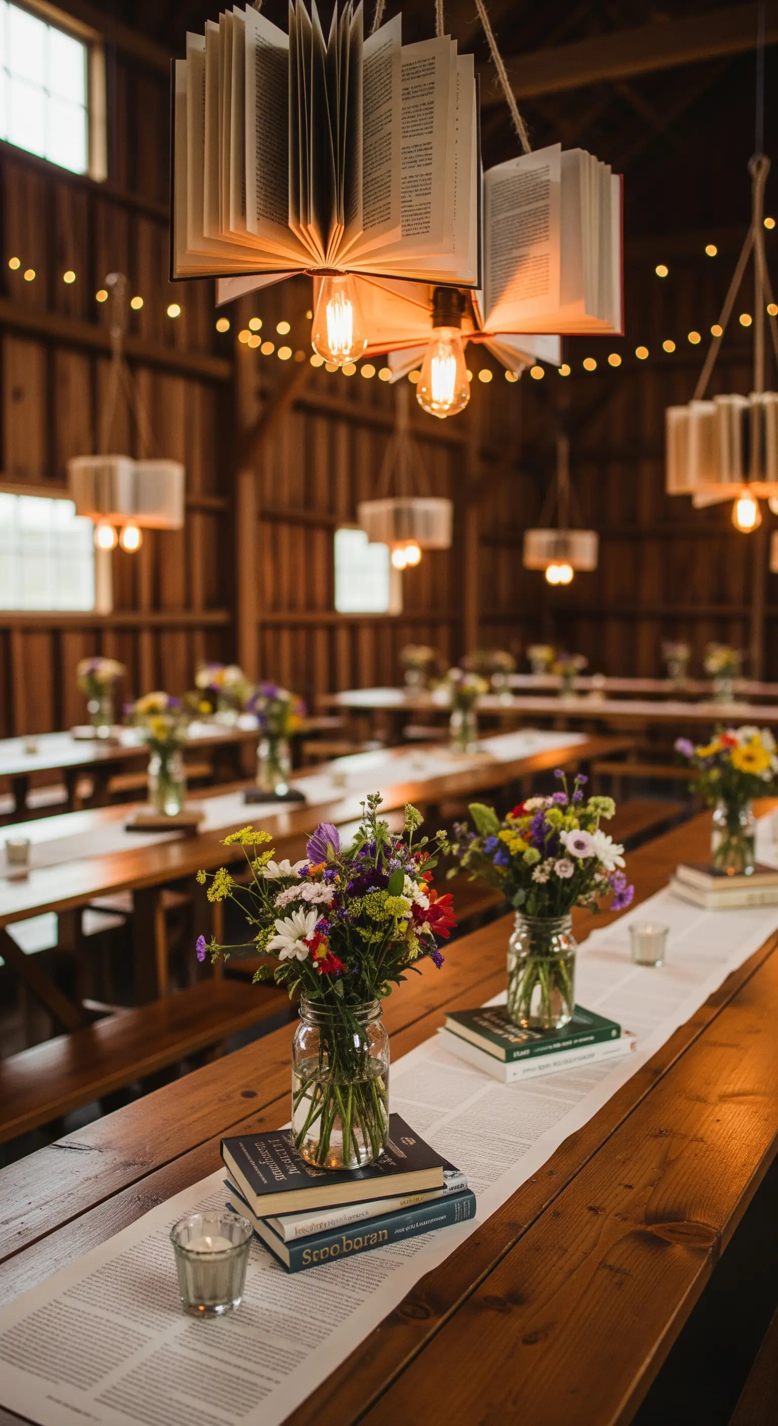 Libri aperti sospesi al soffitto di un fienile come lampadari sopra i tavoli.