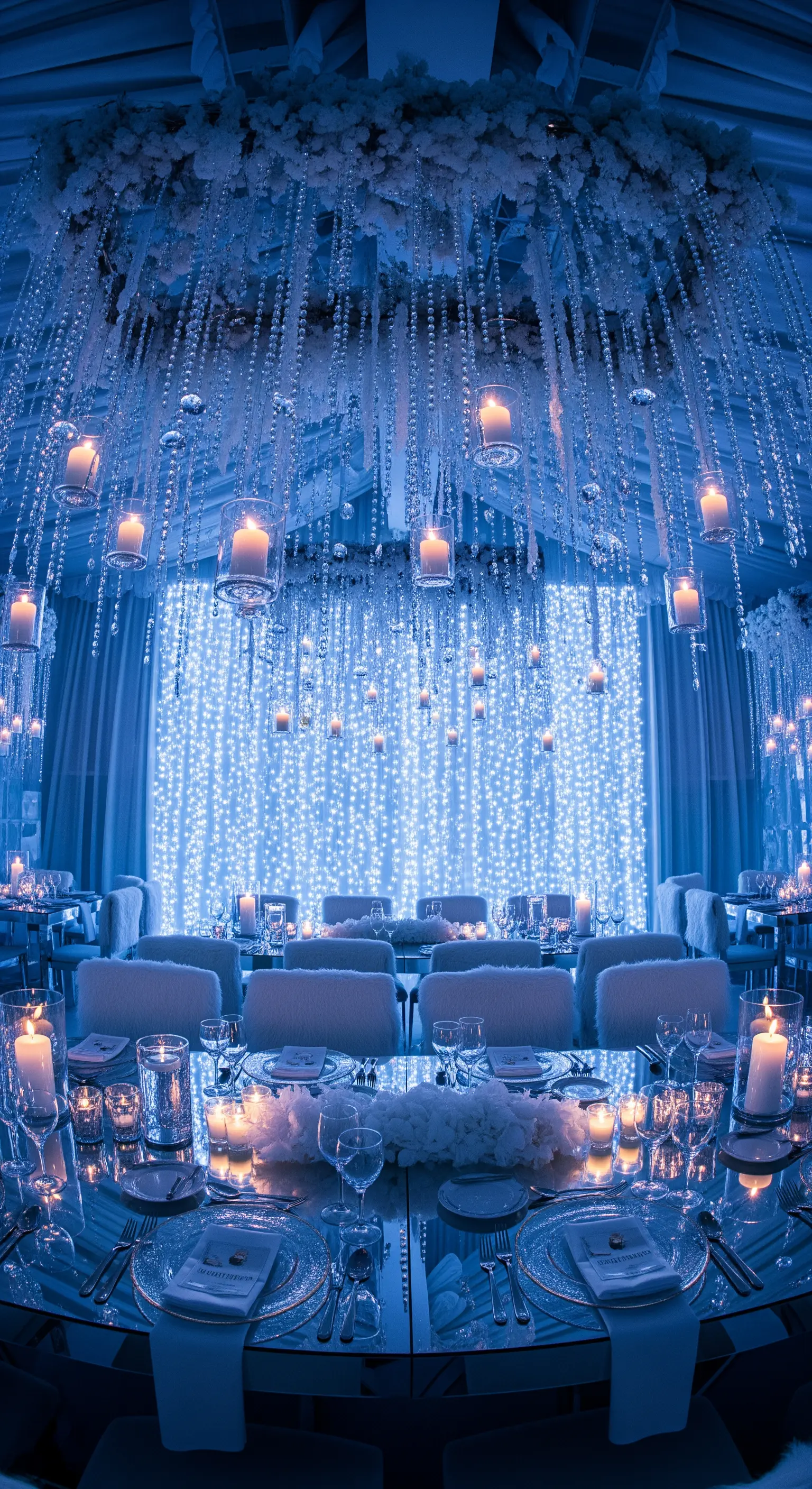 Allestimento per feste in toni blu e bianchi con cristalli pendenti e candele sospese.