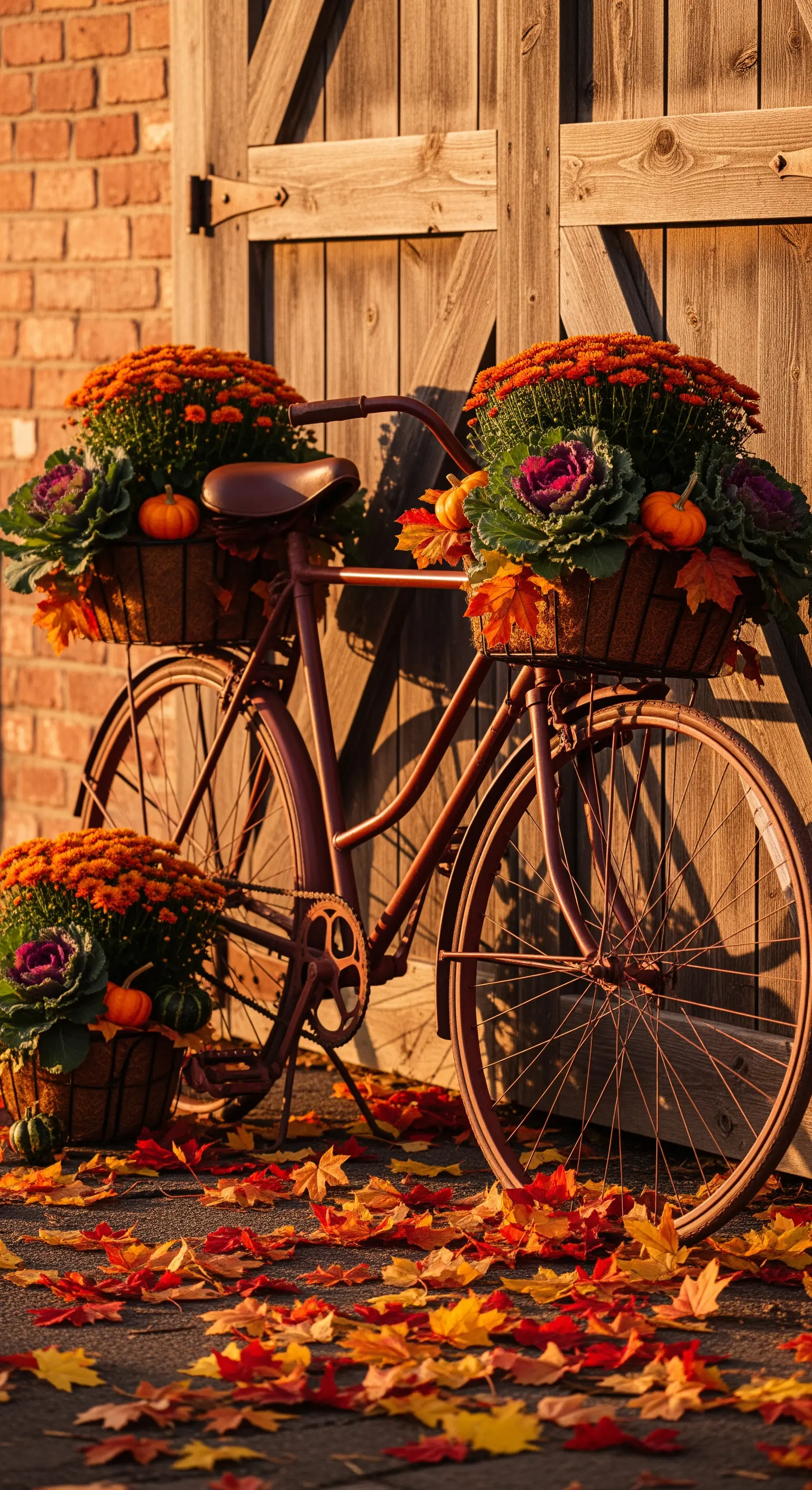 Bicicletta color ruggine con cesti pieni di crisantemi, cavoli ornamentali e zucche.