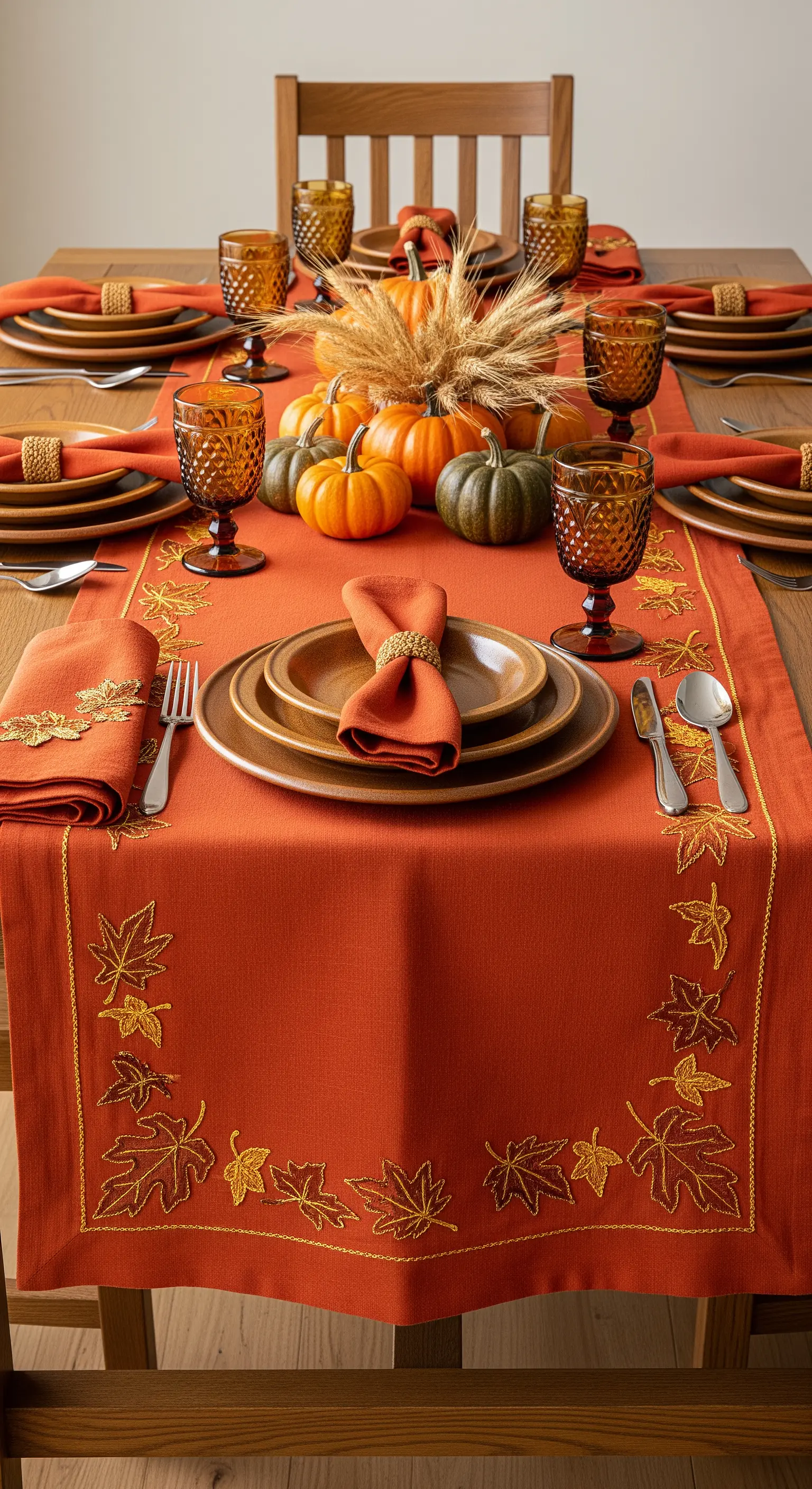 Tavola autunnale con runner arancione, piatti in gres e centrotavola con zucche.