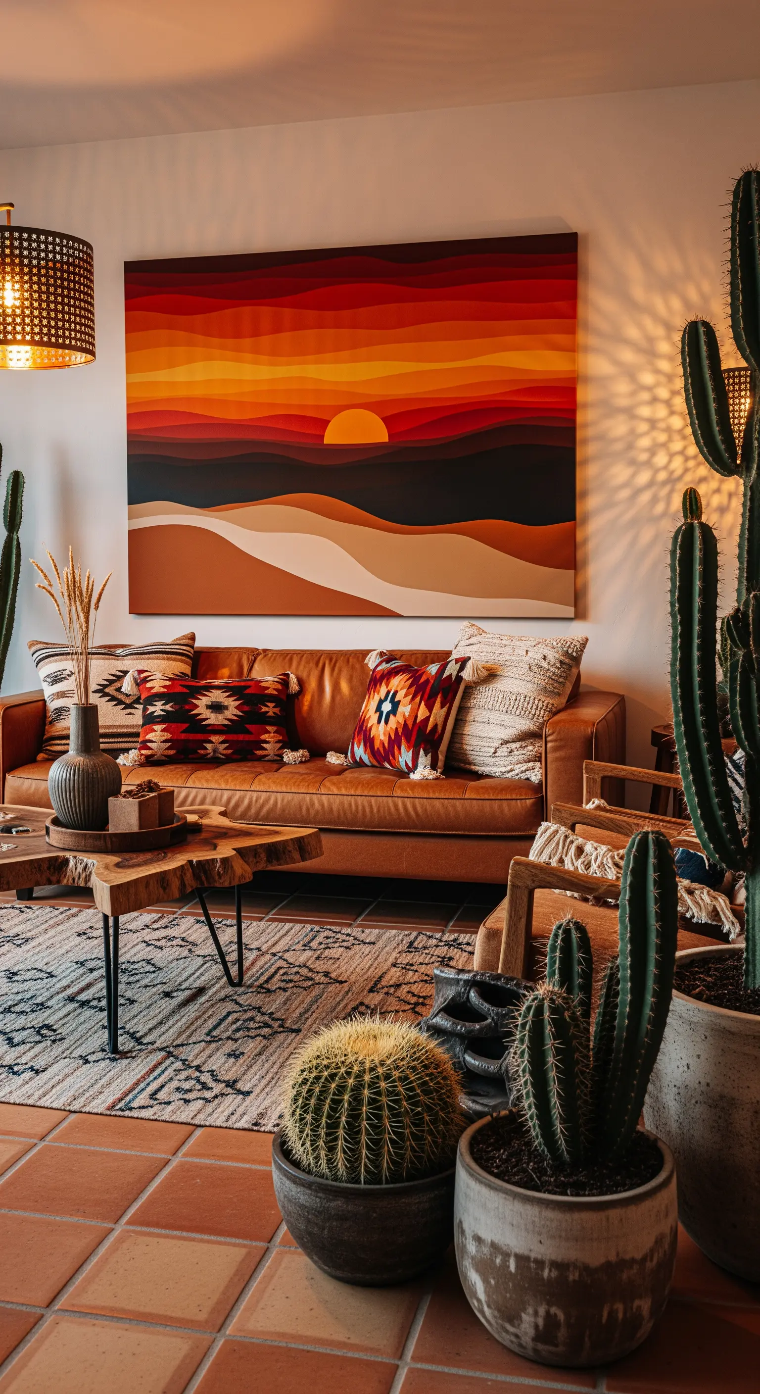 Divano in pelle marrone con cuscini etnici e un quadro astratto dai toni caldi del deserto.