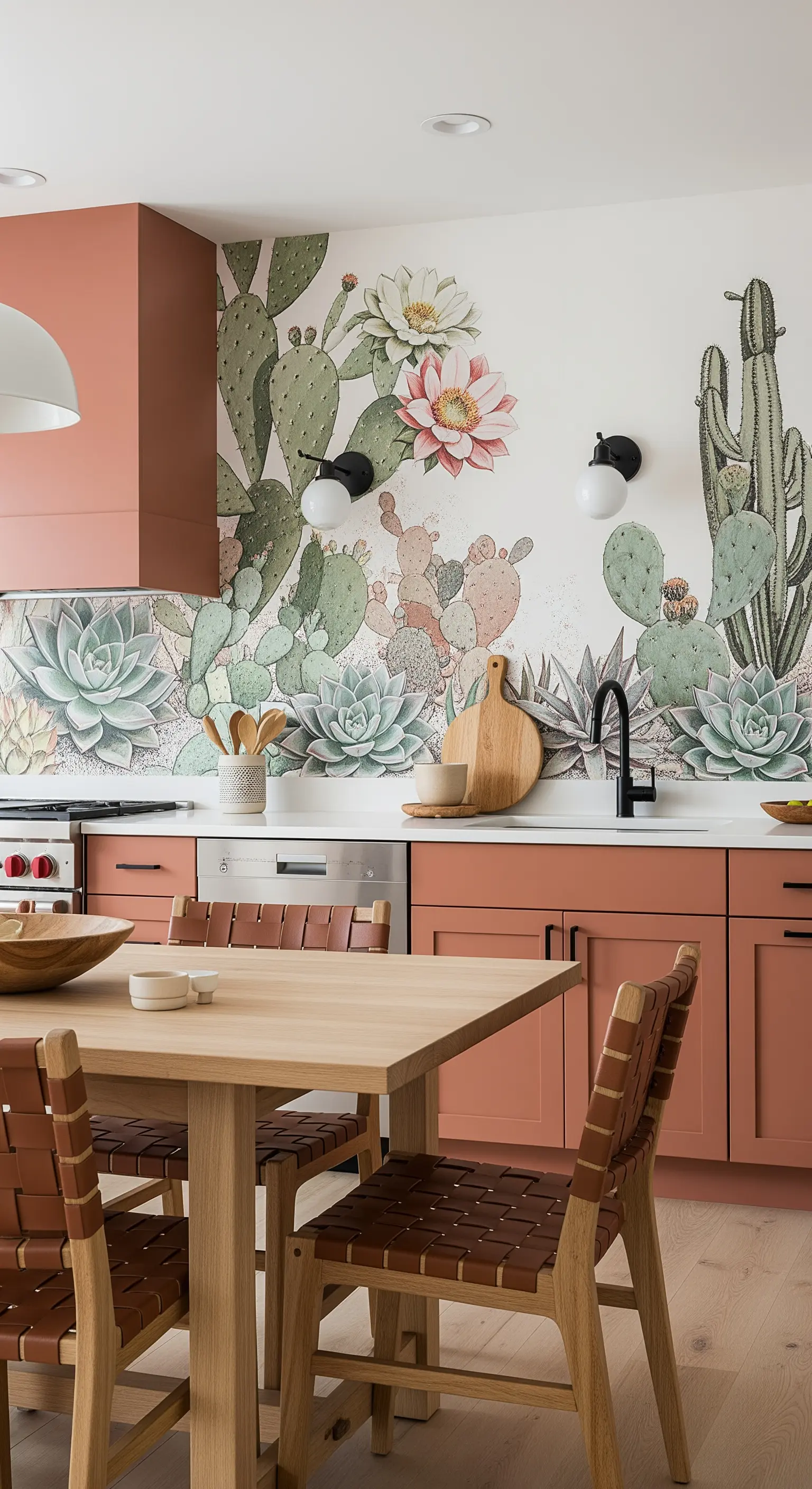 Cucina con carta da parati a tema cactus e mobili color terracotta.