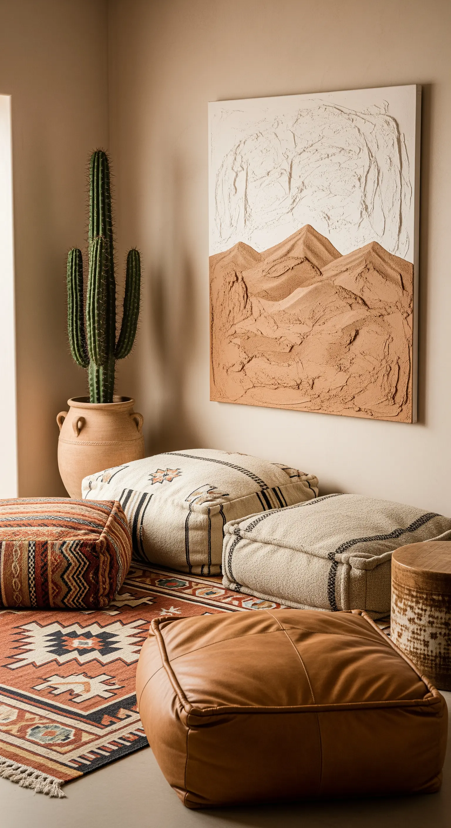 Angolo relax in stile desertico con cuscini etnici, pouf in cuoio, un cactus e un quadro materico.