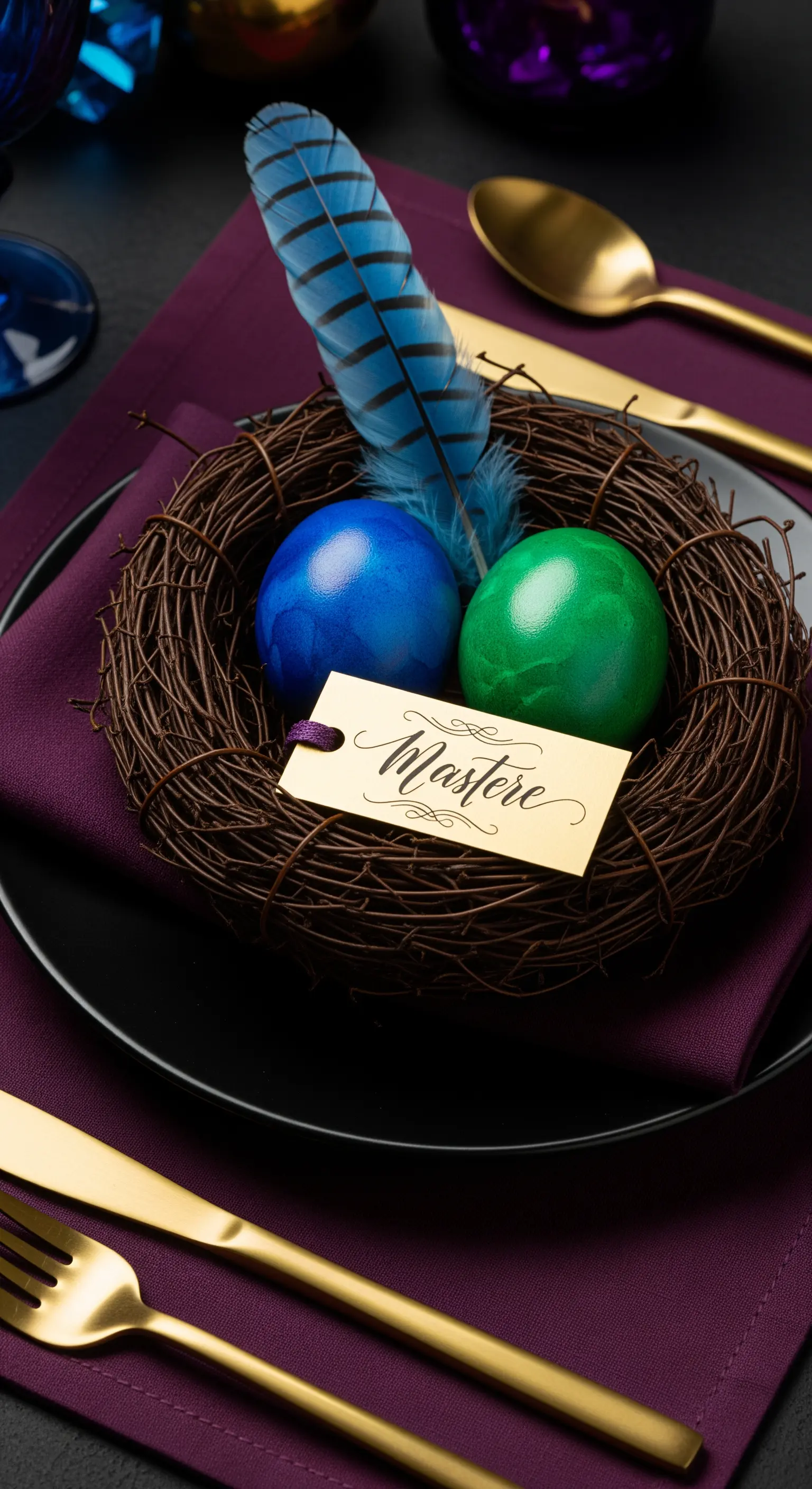 Uova color zaffiro e smeraldo in un nido su un tovagliolo viola.