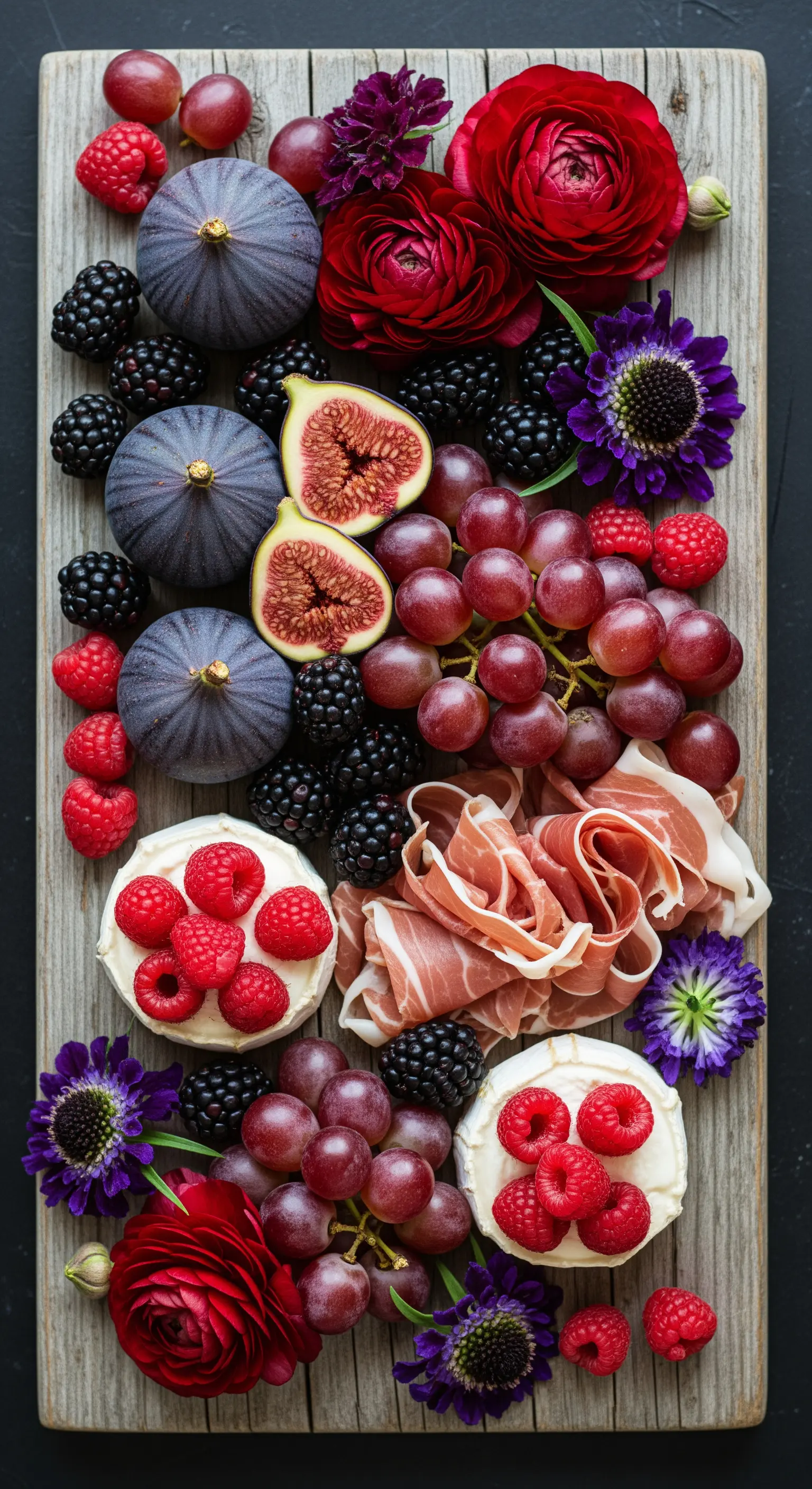 Tagliere con fichi, frutti di bosco, prosciutto e fiori nelle tonalità del rosso e viola.
