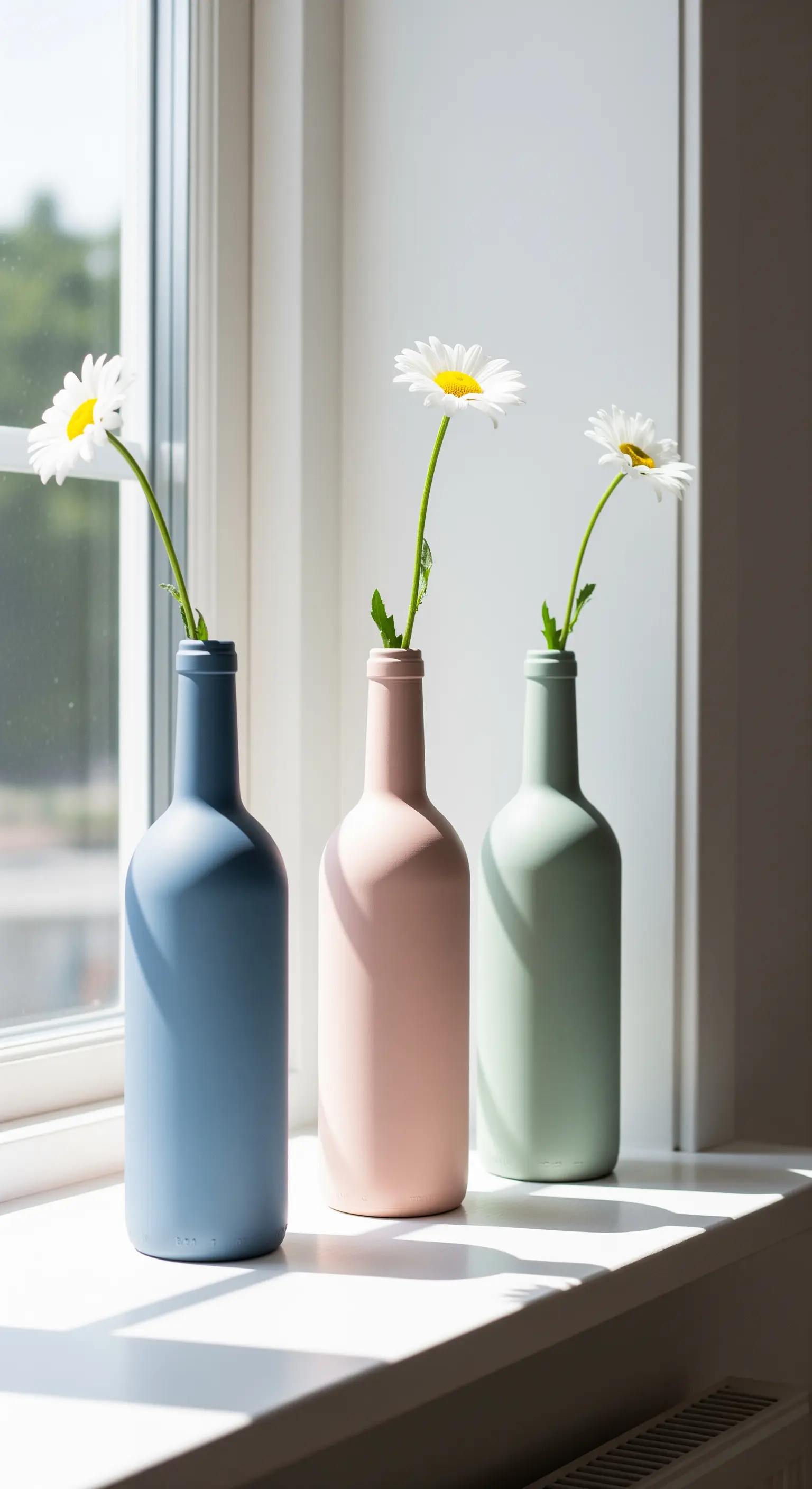 Tre bottiglie di vino verniciate con colori pastello opachi: blu, rosa e verde.