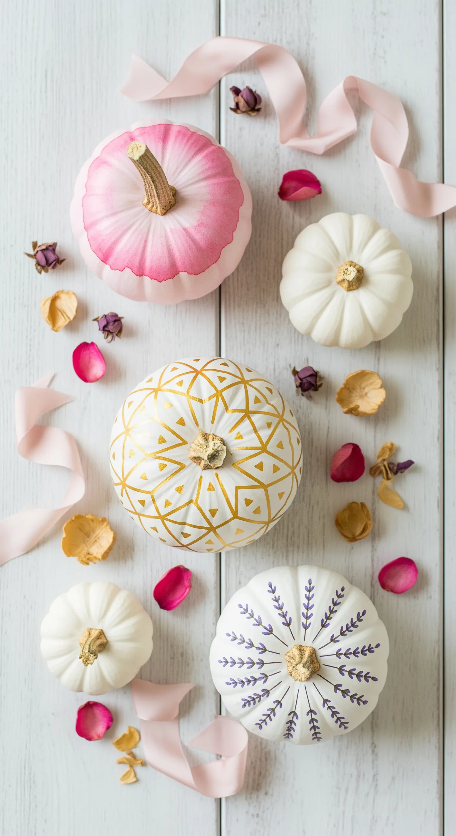 Composizione dall'alto di zucche bianche e rosa con dettagli dorati e viola, nastri e petali.