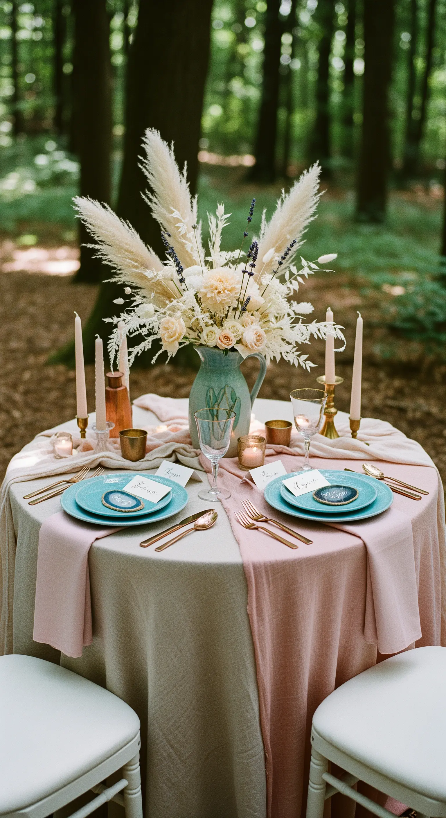 Tavolo per due nel bosco con runner rosa e beige, erba della Pampa e piatti turchesi.