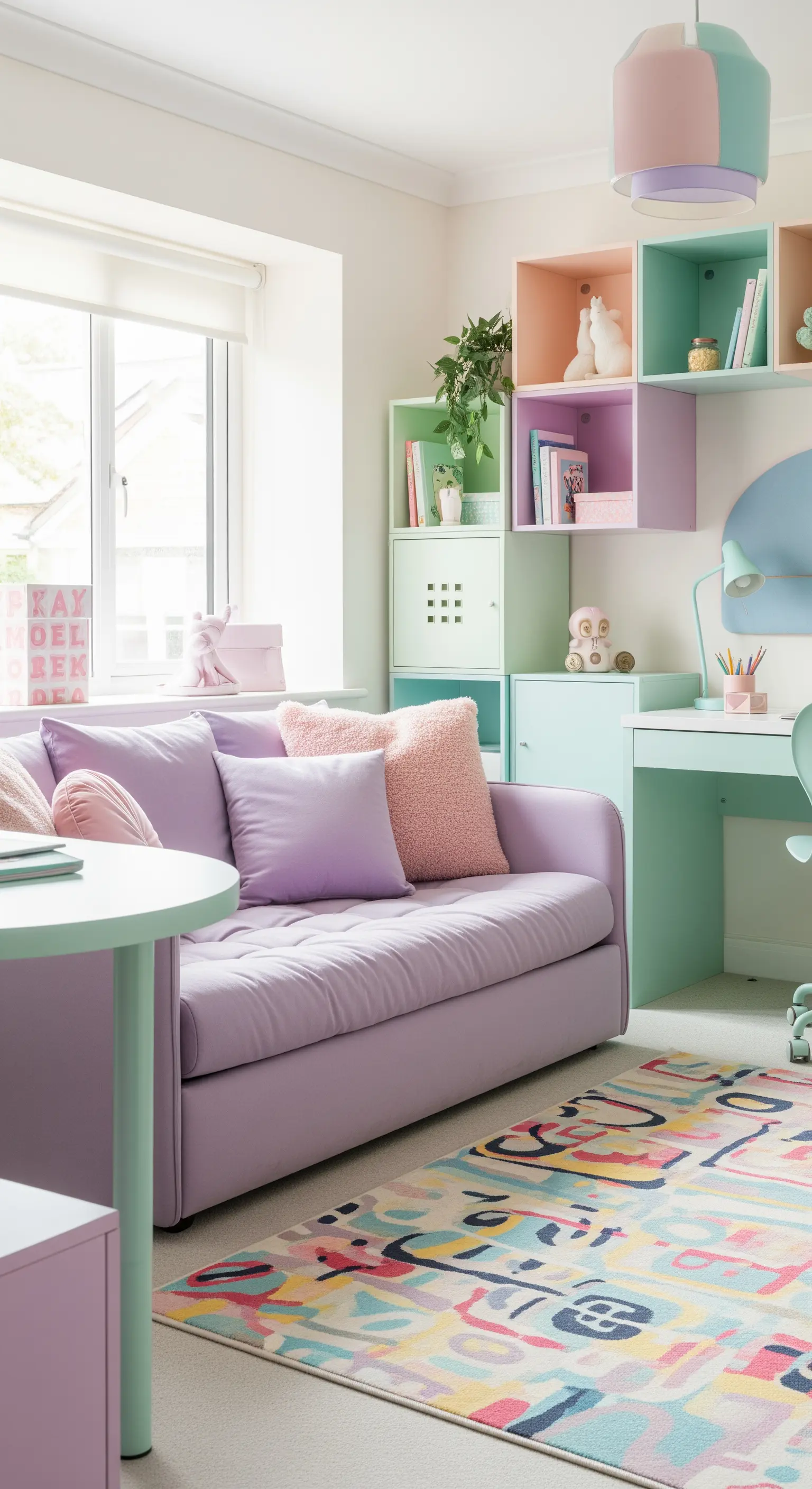 Salotto per studenti con divano lilla e mensole cubiche color pastello.