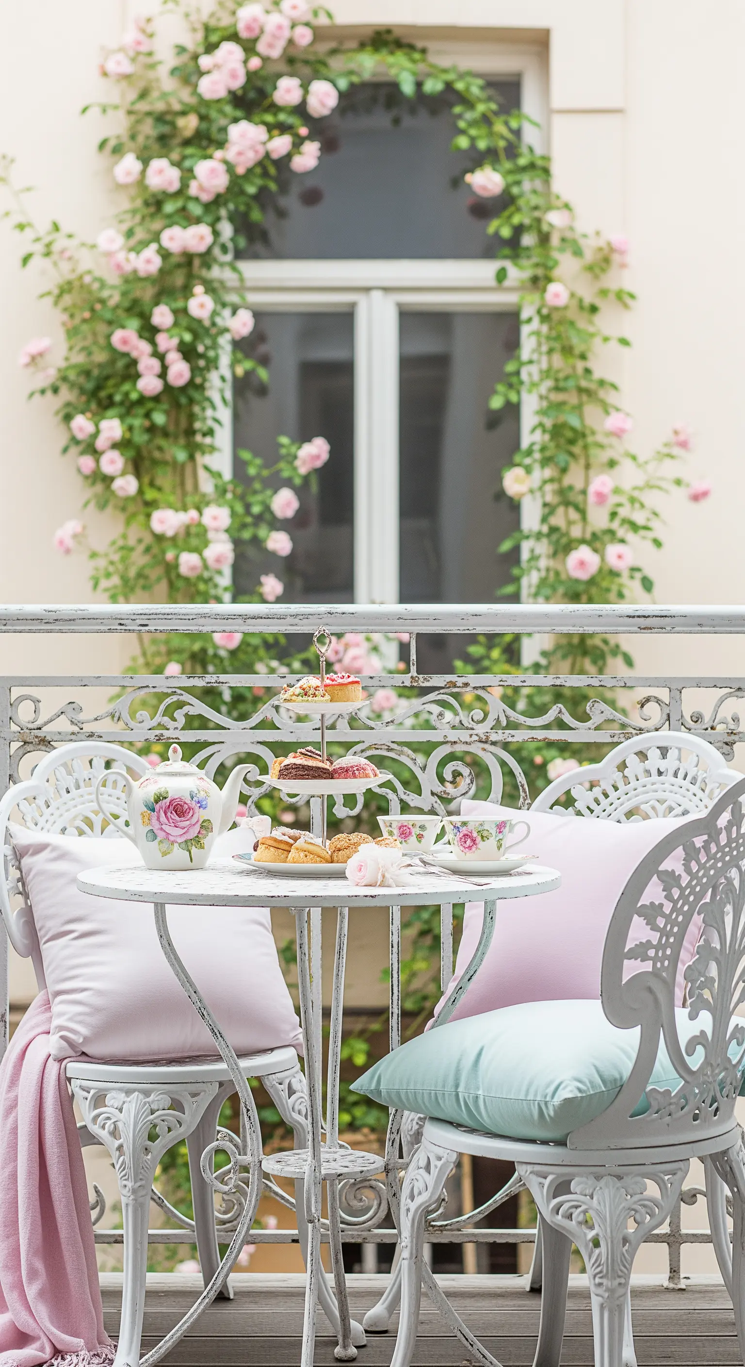 Set da tè bianco in stile shabby chic con cuscini rosa e azzurri, sotto un arco di rose