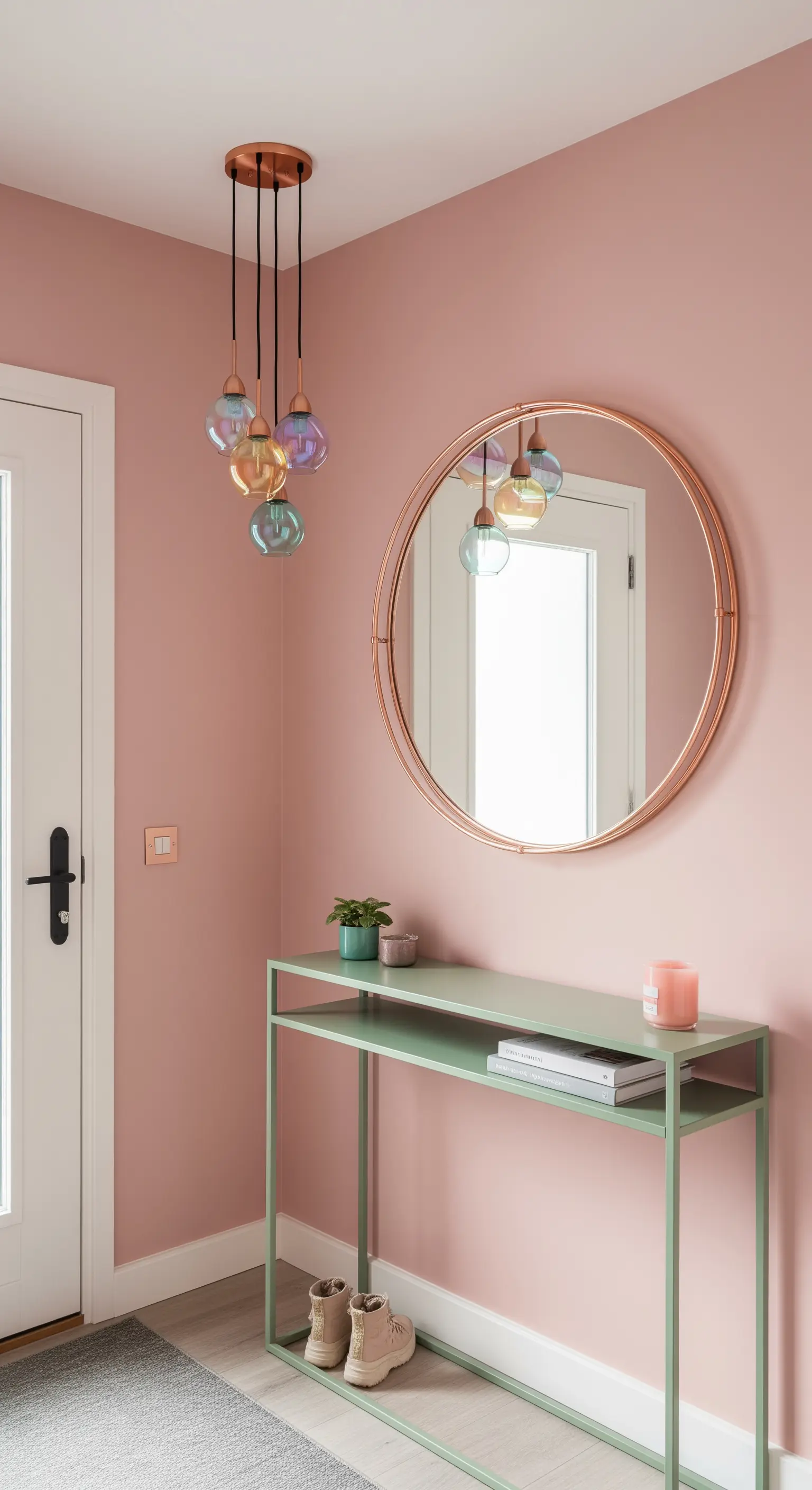 Ingresso con parete rosa, consolle verde salvia e dettagli in rame su specchio e lampadario.