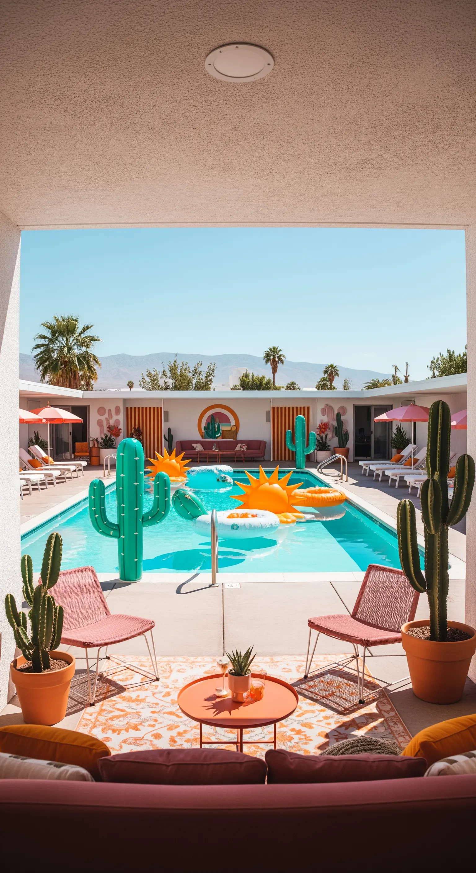 Pool party in stile Palm Springs con gonfiabili a forma di cactus e arredi dal design retrò.