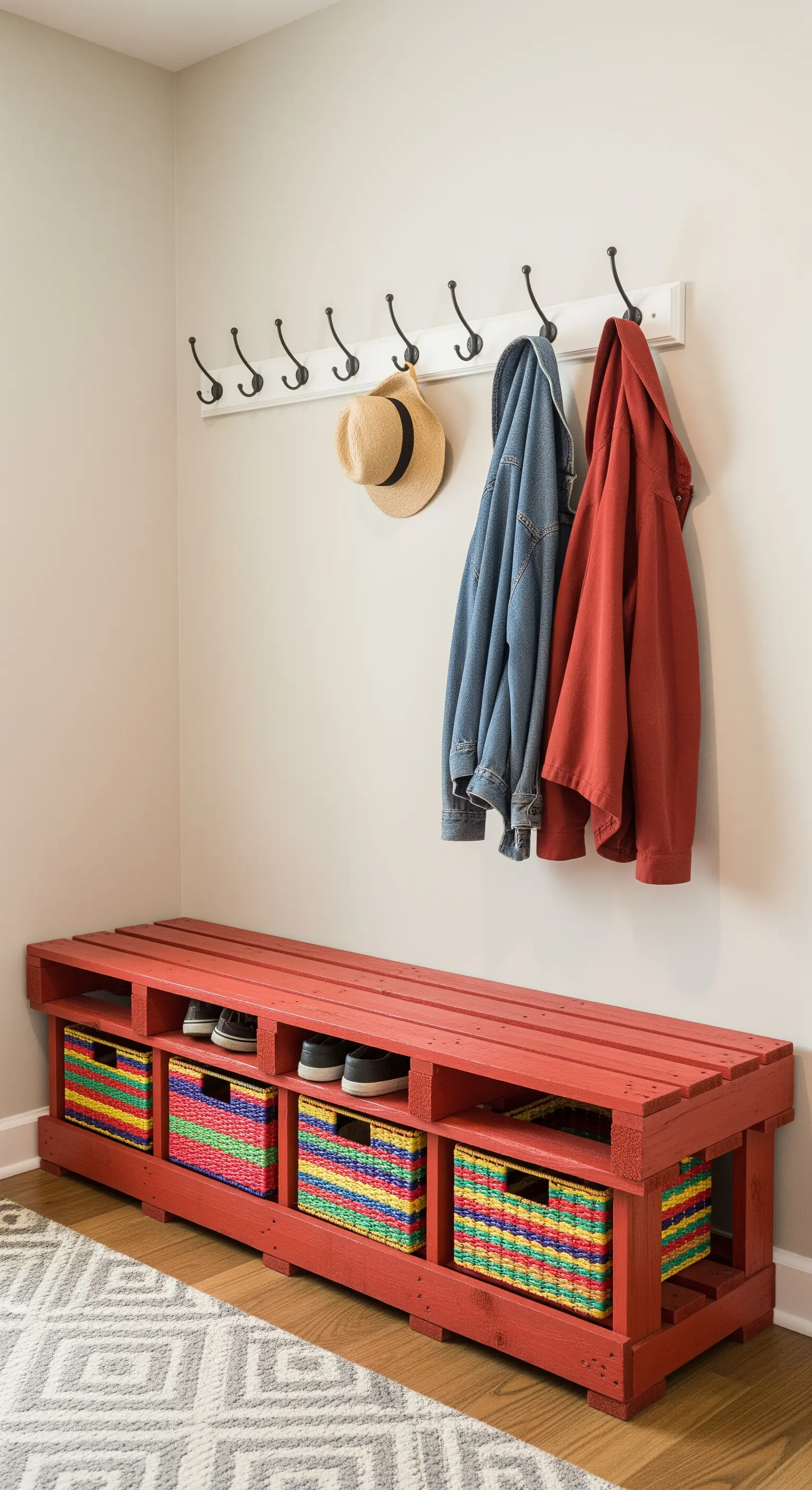 Panca rossa per l'ingresso realizzata con pallet, con cesti colorati portaoggetti.