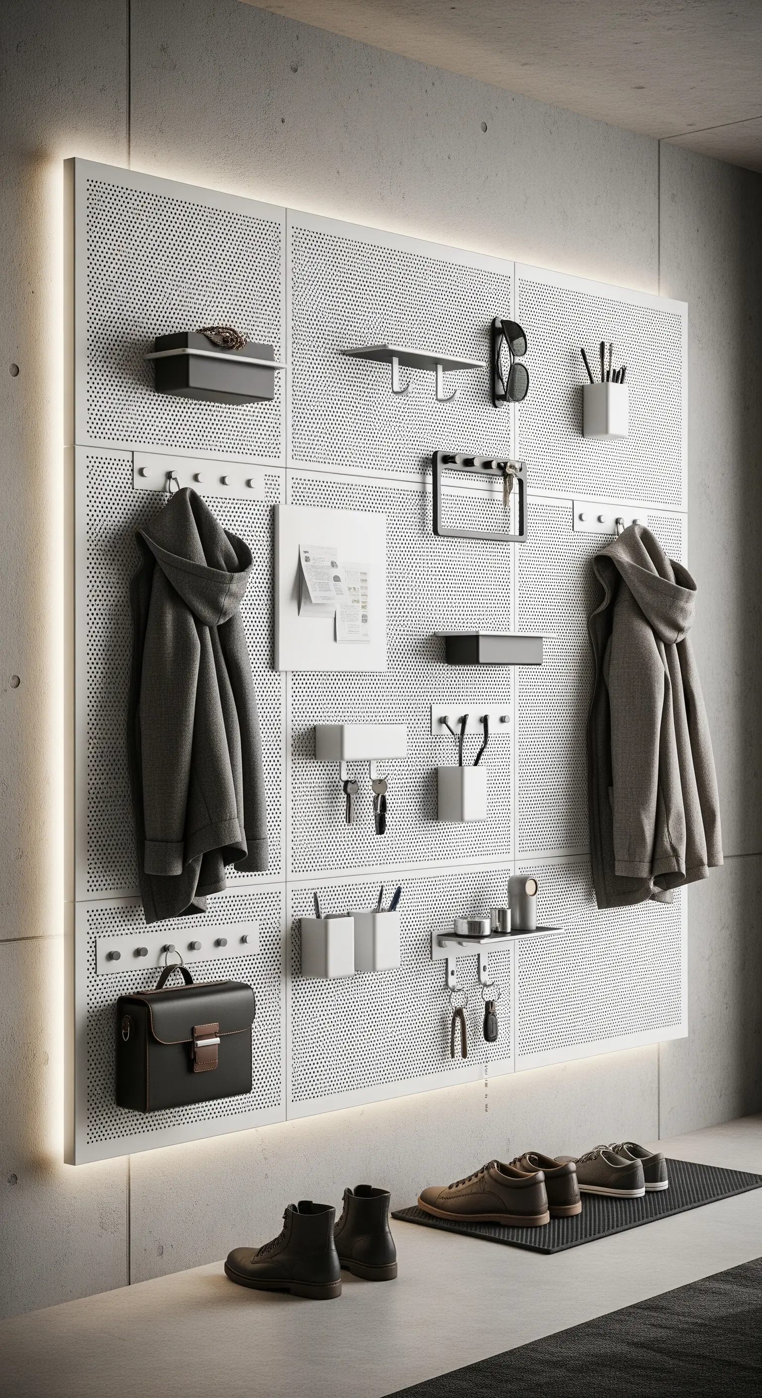 Grande pannello pegboard in metallo bianco retroilluminato con accessori modulari.