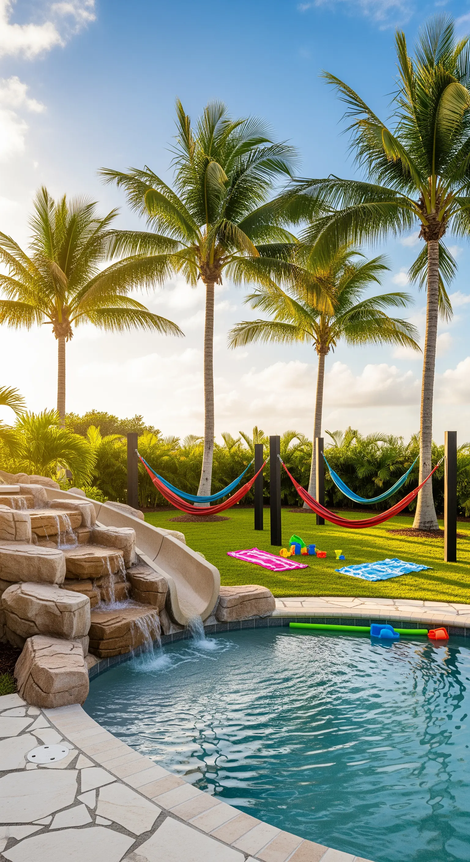 Piscina con scivolo in roccia, prato con amache colorate e palme in un giardino per famiglie