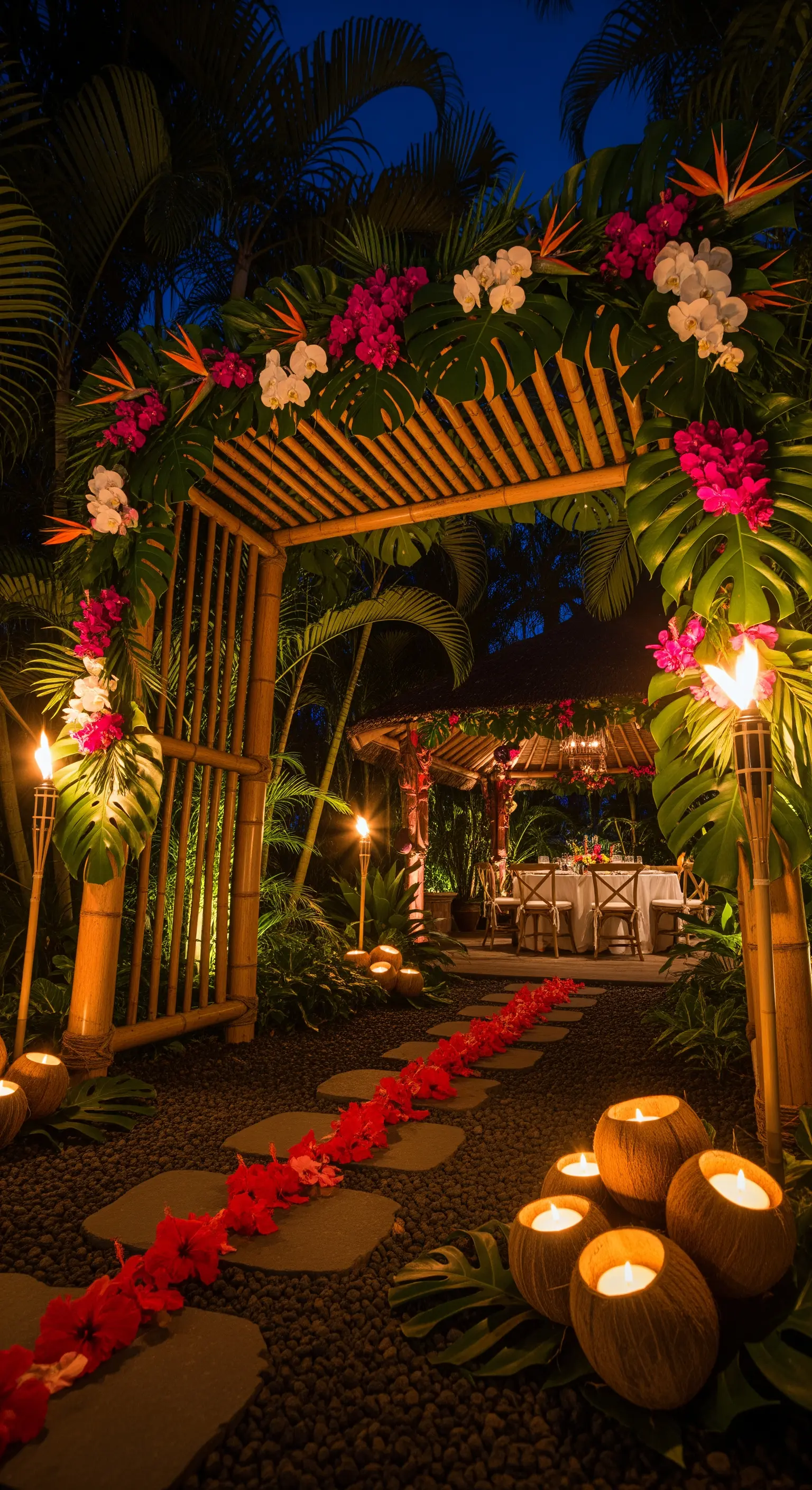 Arco di bambù con fiori tropicali, sentiero di petali e candele in noci di cocco.