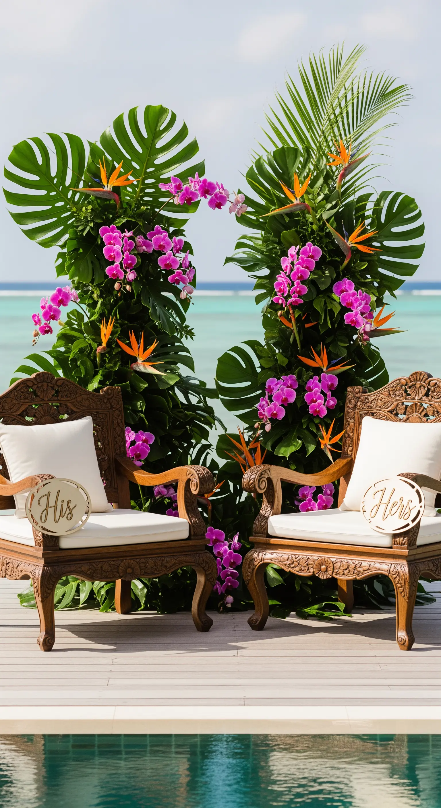 Sedie in legno intagliato davanti a una parete di foglie di Monstera, orchidee e fiori esotici.