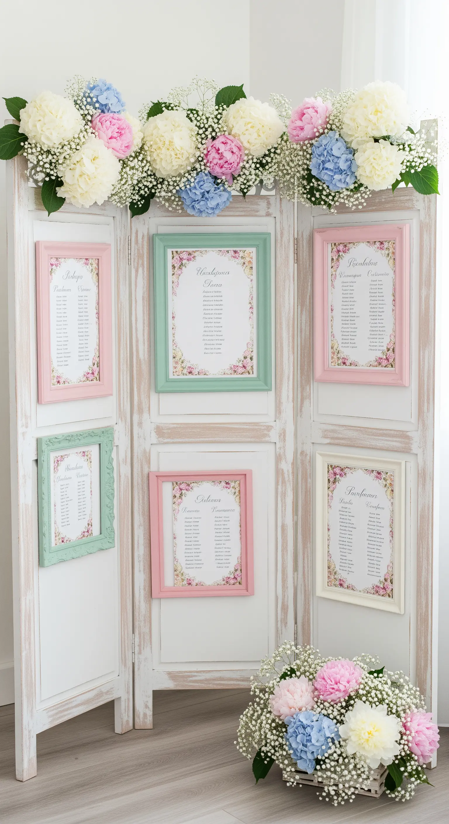 Paravento bianco shabby chic usato come tableau mariage con cornici pastello e ortensie.