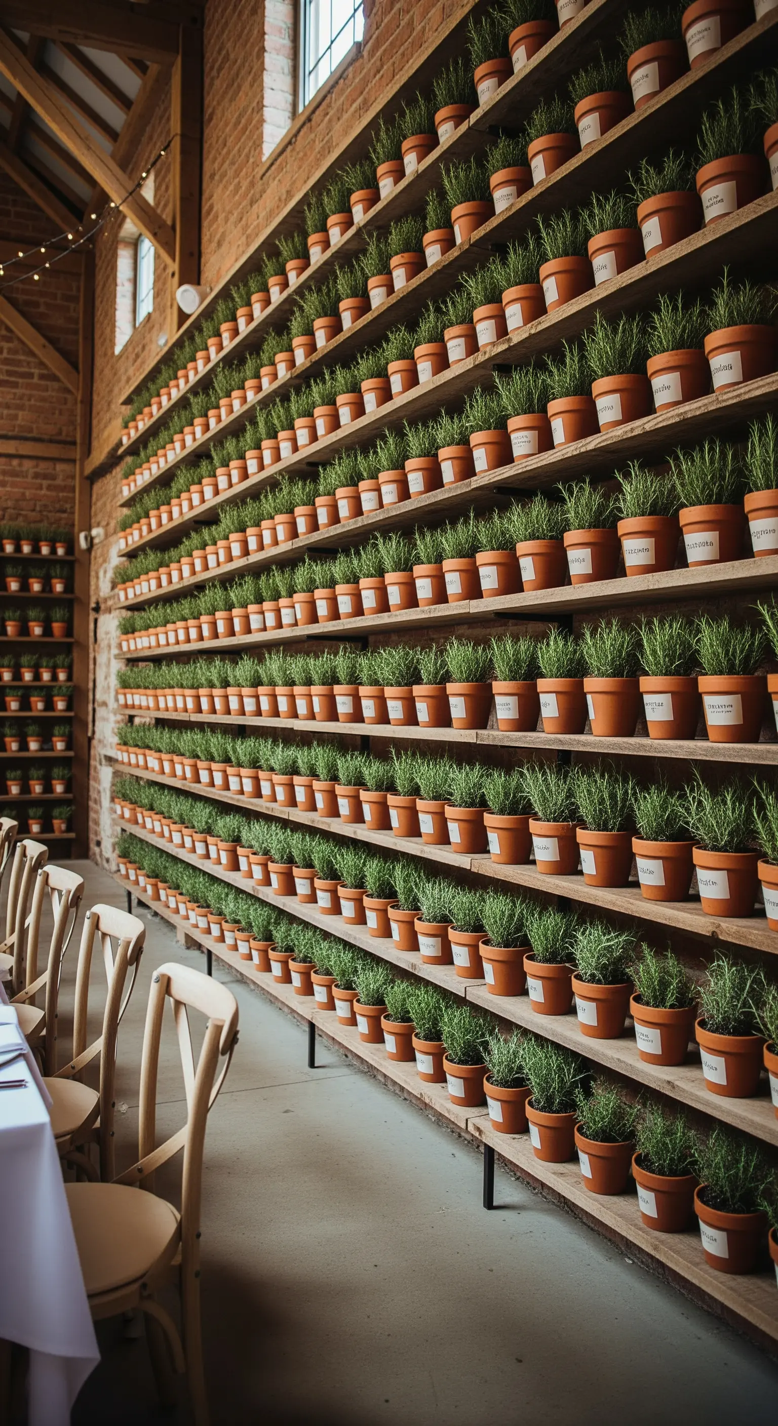 Parete scenografica allestita con centinaia di vasetti di rosmarino come bomboniere.