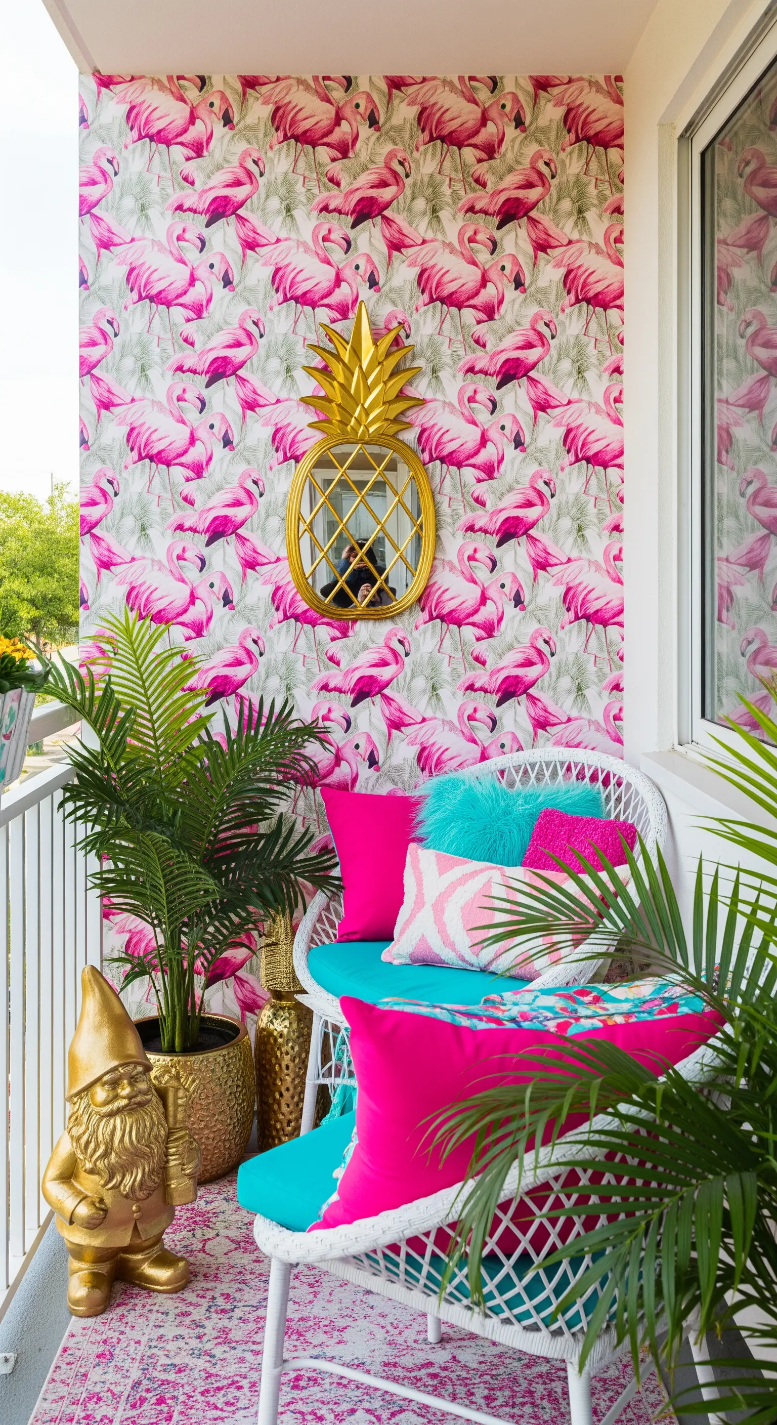 Balcone con carta da parati a fenicotteri rosa e uno specchio a forma di ananas dorato.