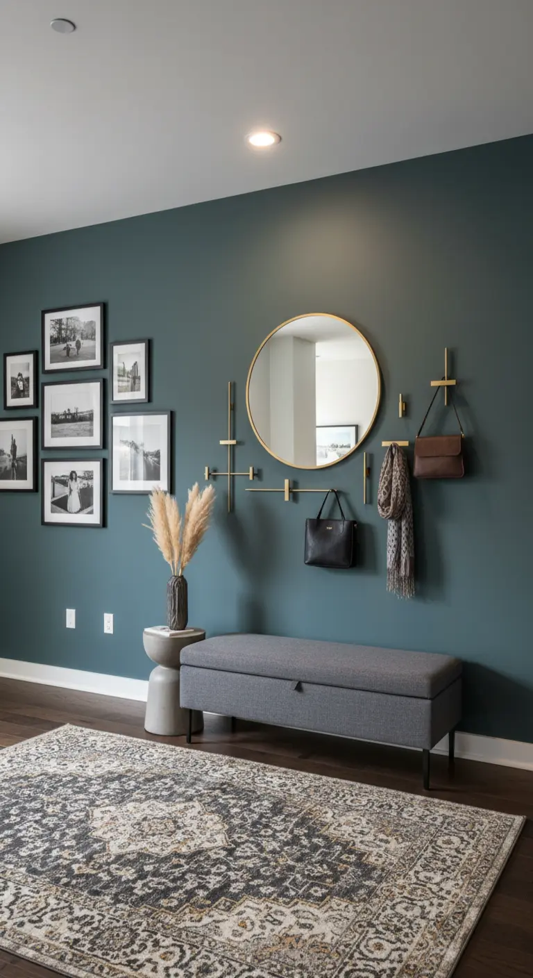 Parete color ottanio con panca grigia, specchio tondo e ganci dorati.