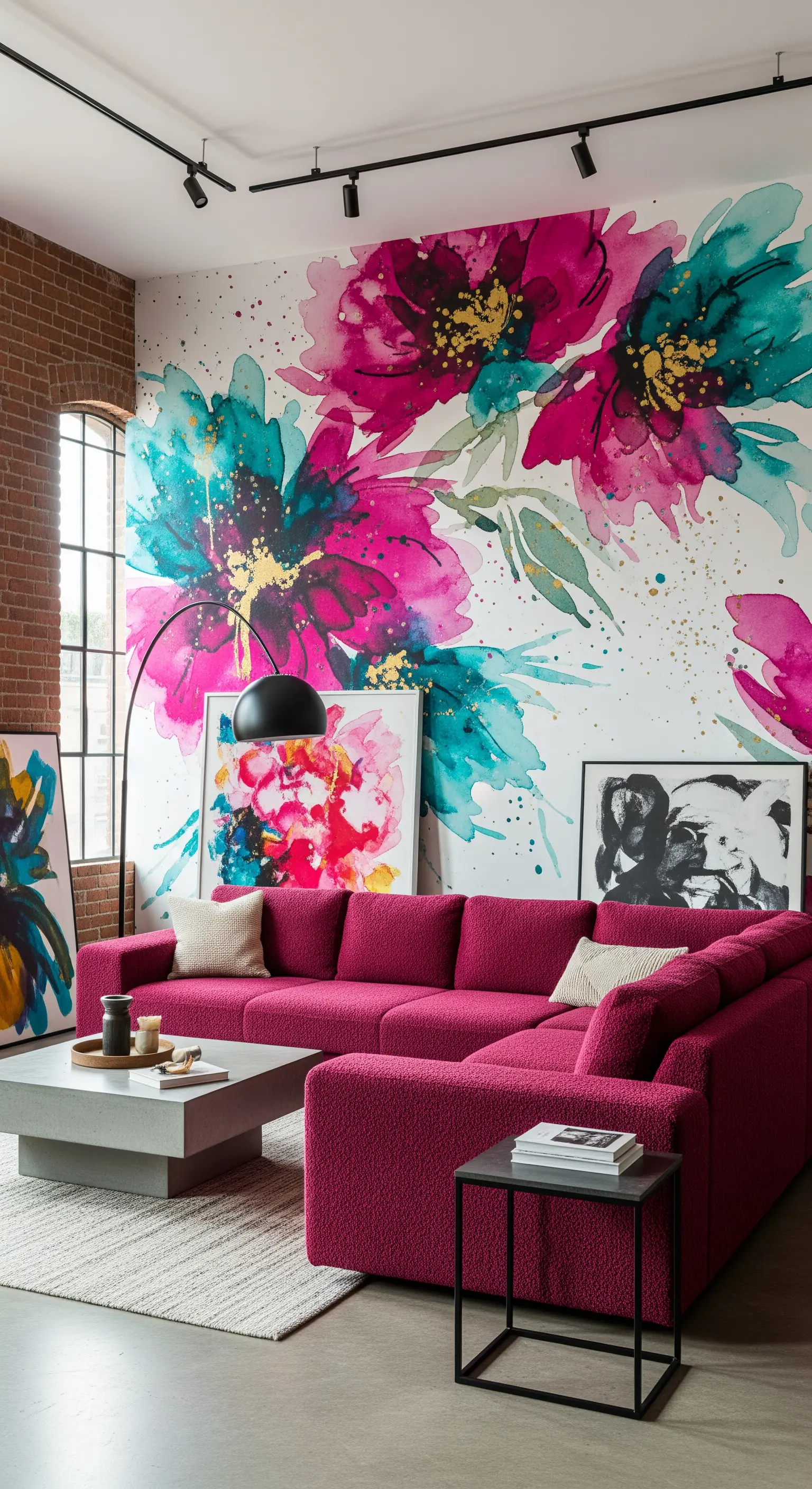 Loft moderno con murale floreale astratto e un grande divano angolare color magenta.