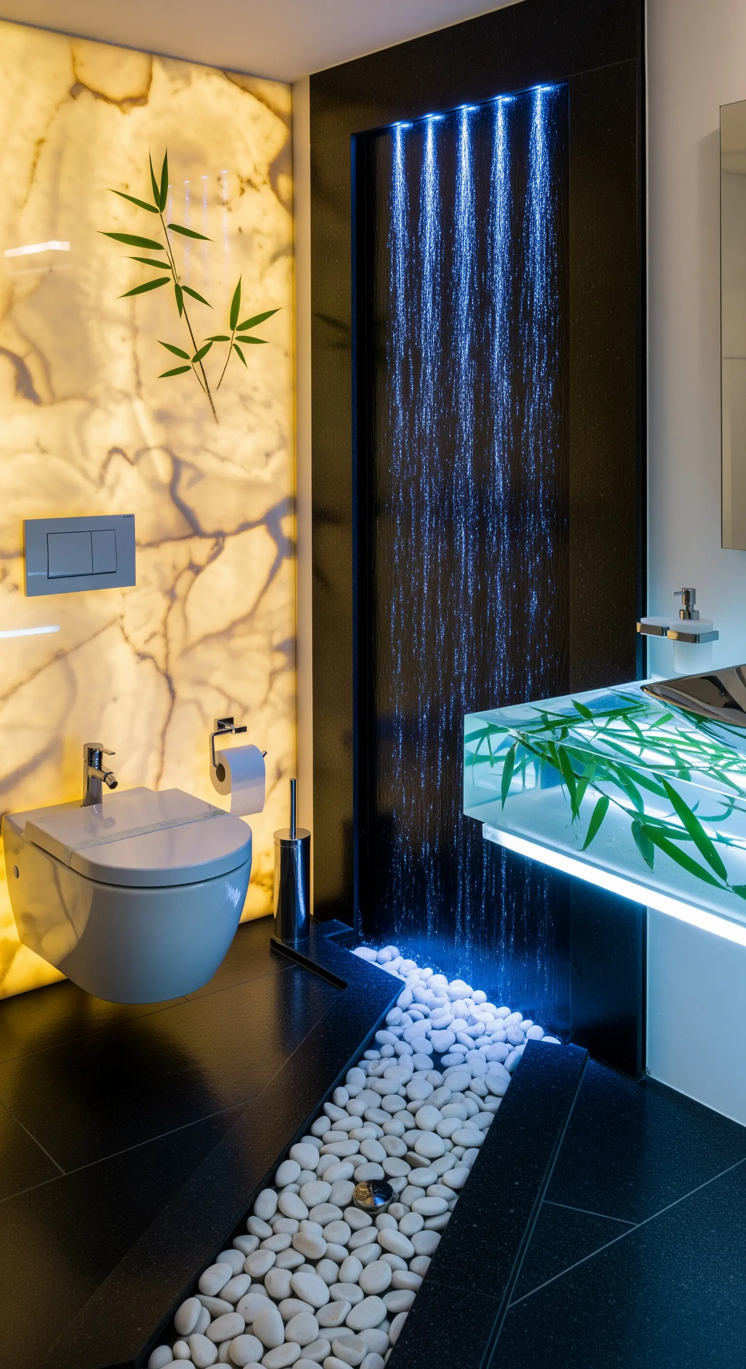 Bagno moderno con parete in onice retroilluminata e una cascata d'acqua con luci blu.
