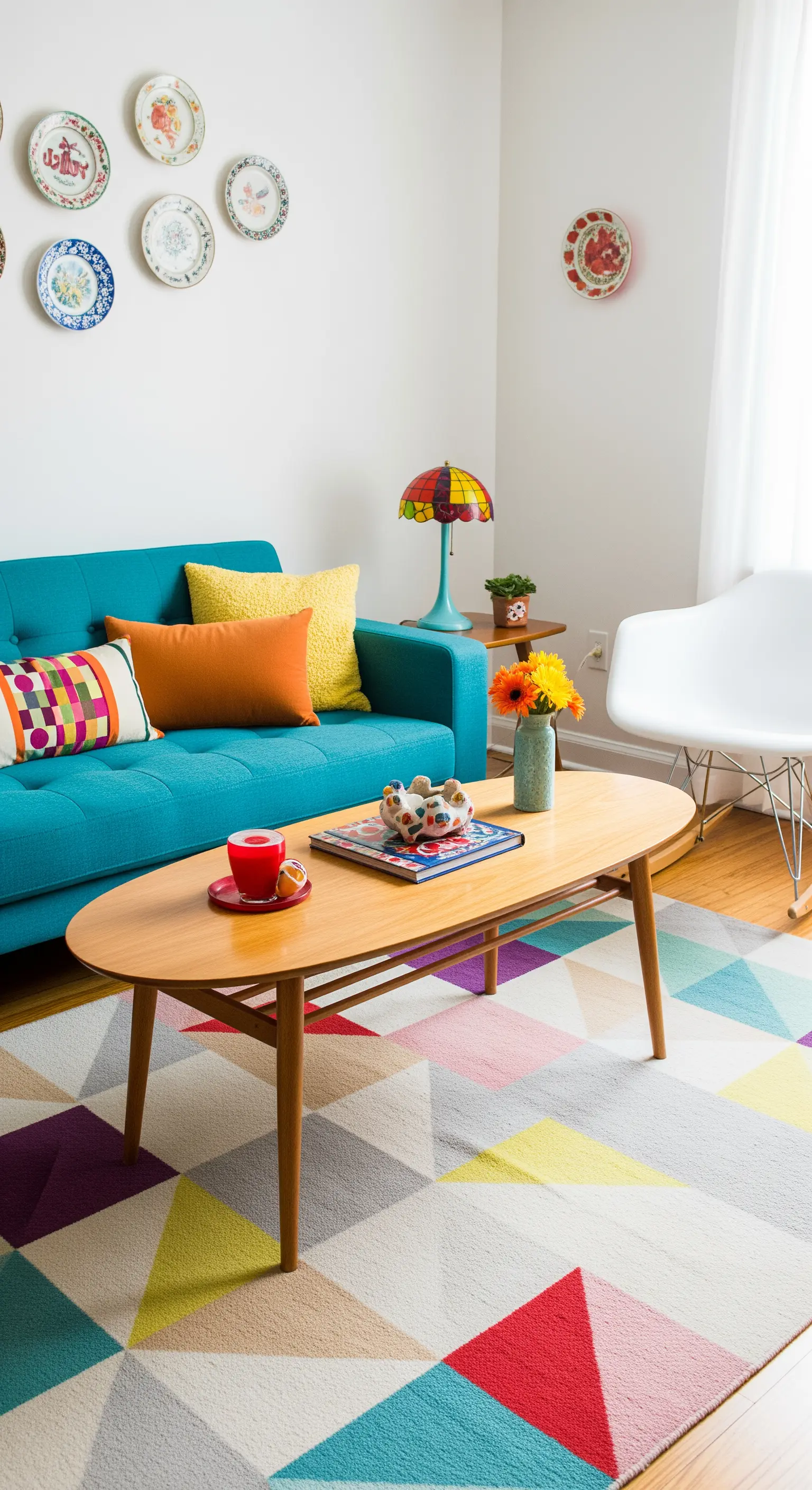 Salotto colorato con divano turchese e una collezione di piatti di ceramica vintage appesi al muro.