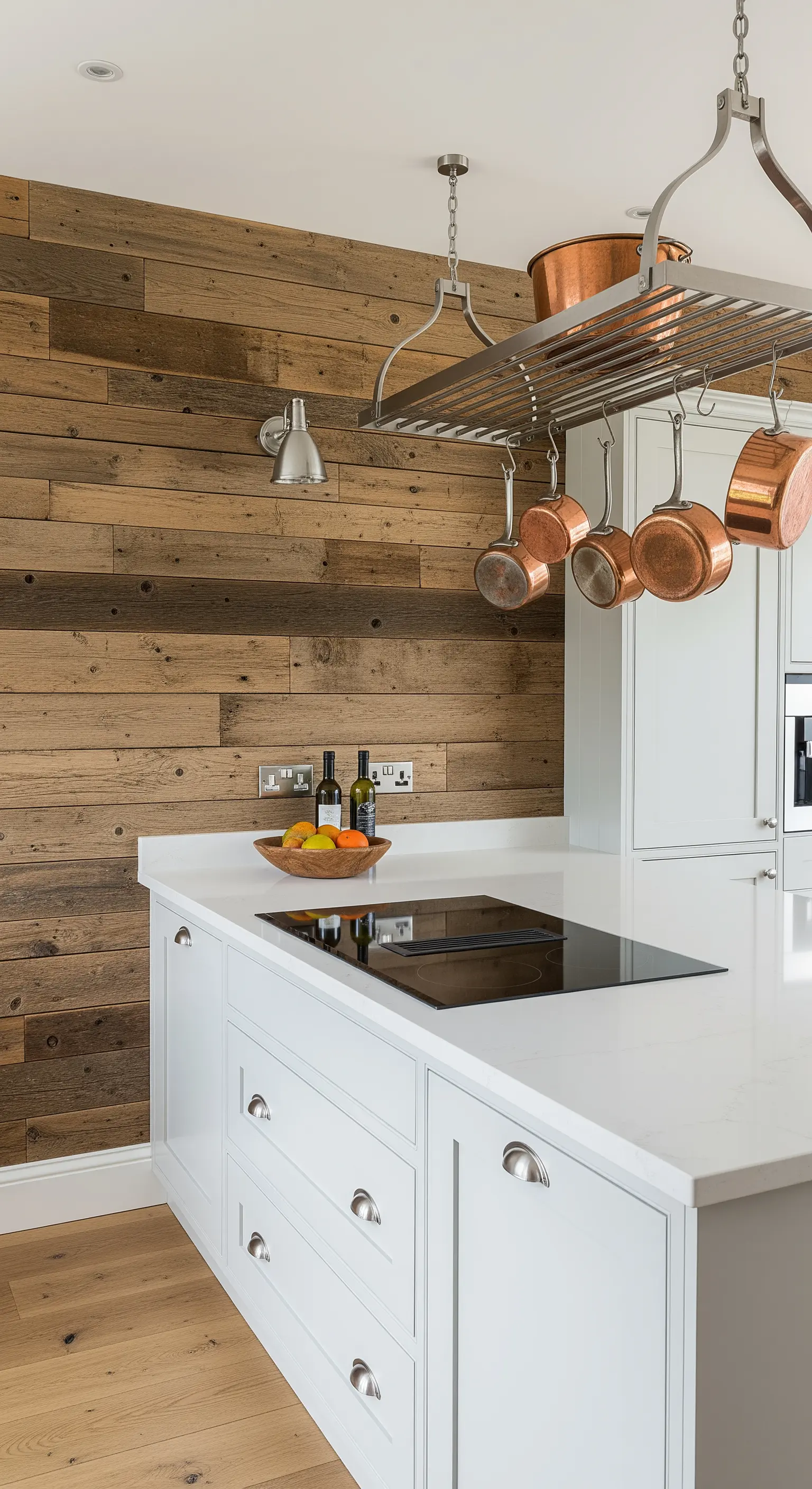 Cucina bianca con parete rivestita in legno di recupero e una griglia sospesa con pentole in rame.