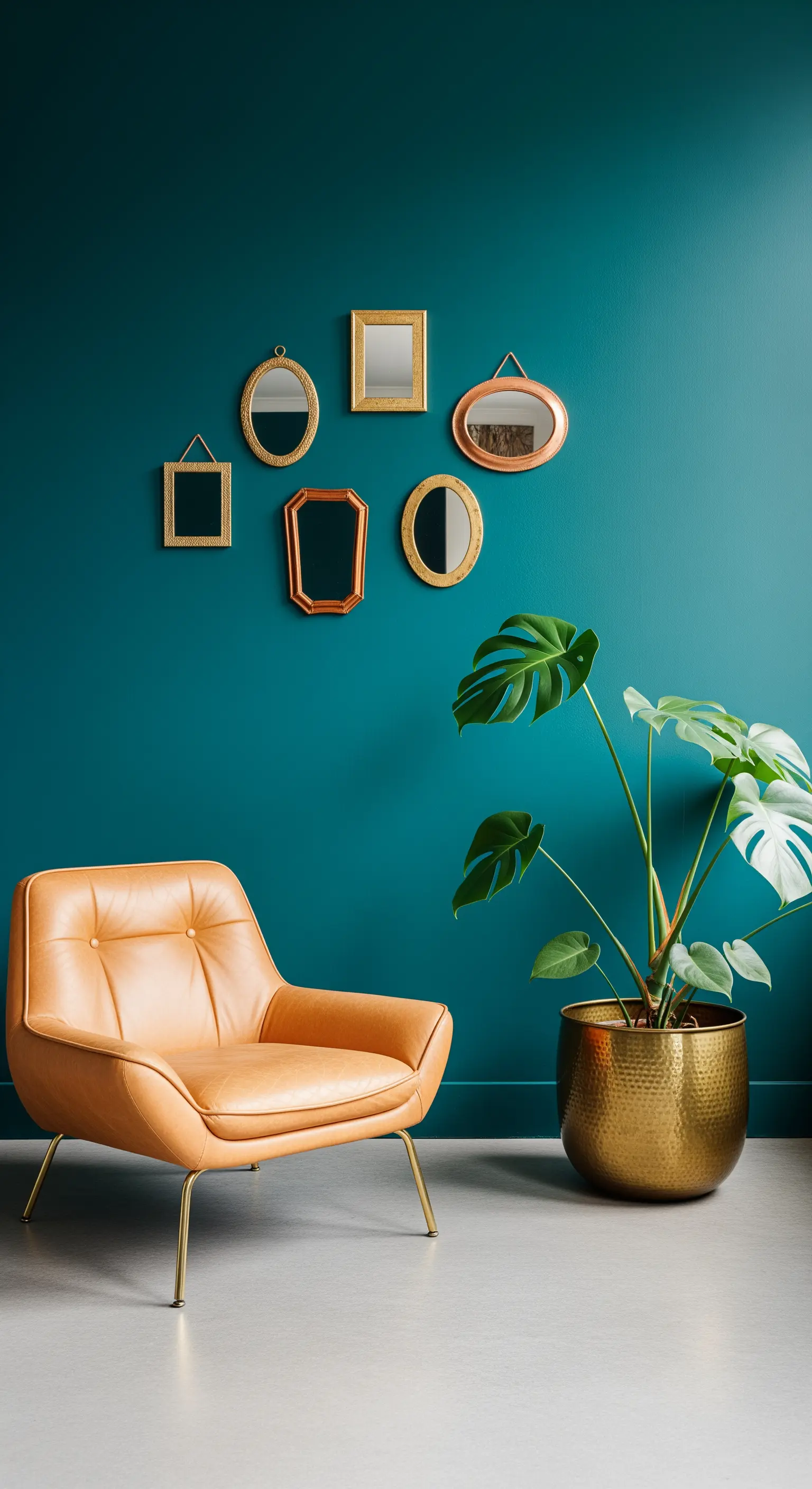 Poltrona in pelle color cuoio e specchi dorati su una parete color ottanio.