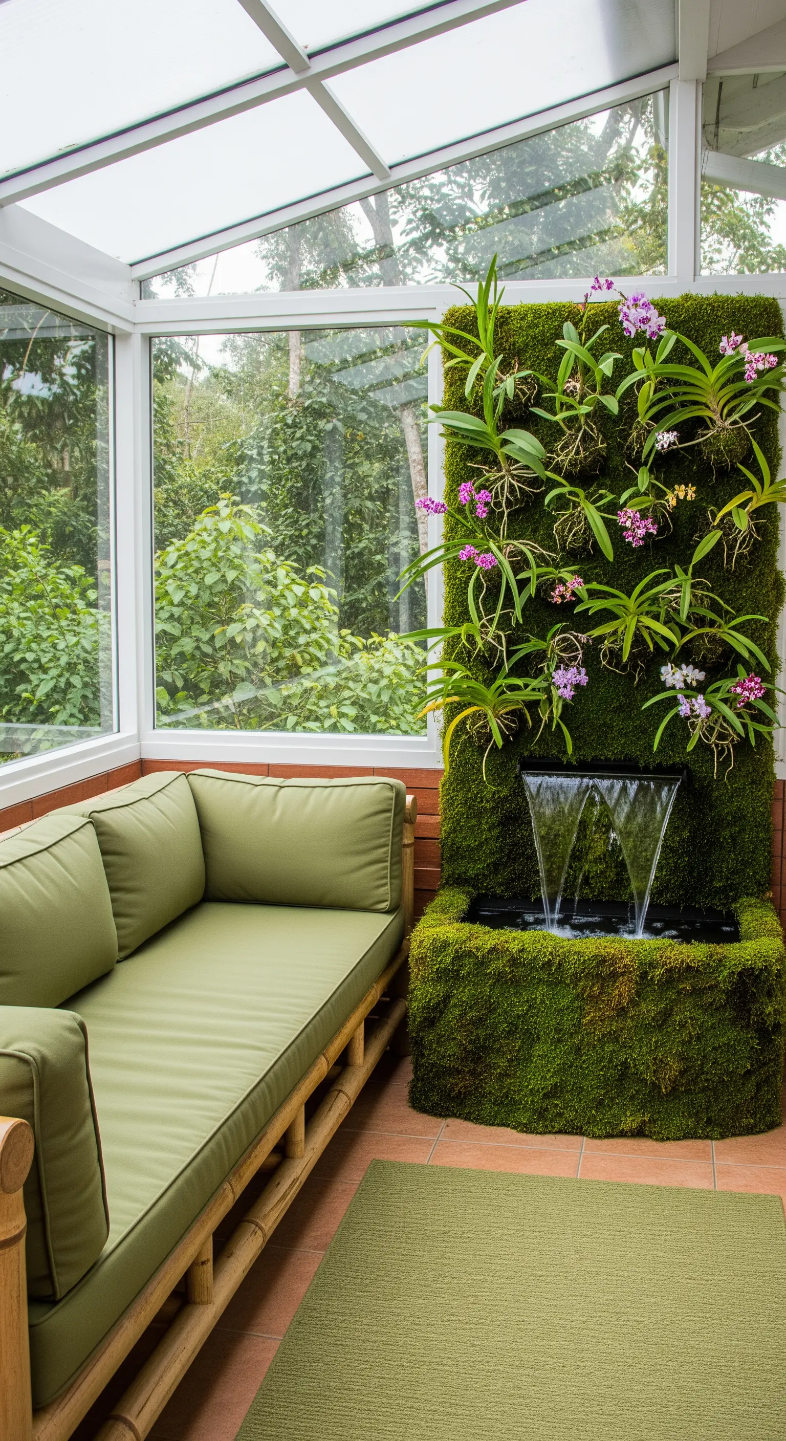 Veranda con divano in bambù e parete verticale di muschio con orchidee e cascata integrata.